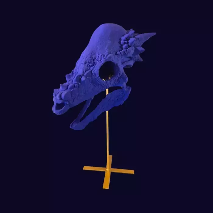 Blue Reverie 3 on a Base, Sculptural Replica of a skull, 21st Century