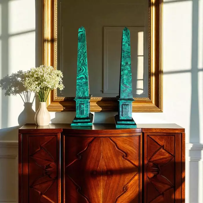 Elegant pair of malachite obelisks, 60 cm high, 19th century