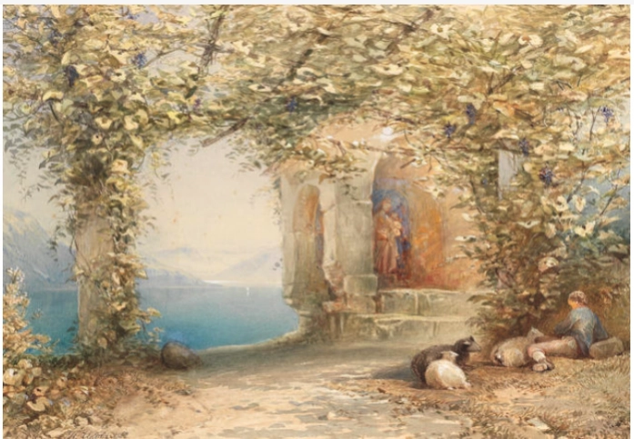 Le tableau Paysage avec chapelle