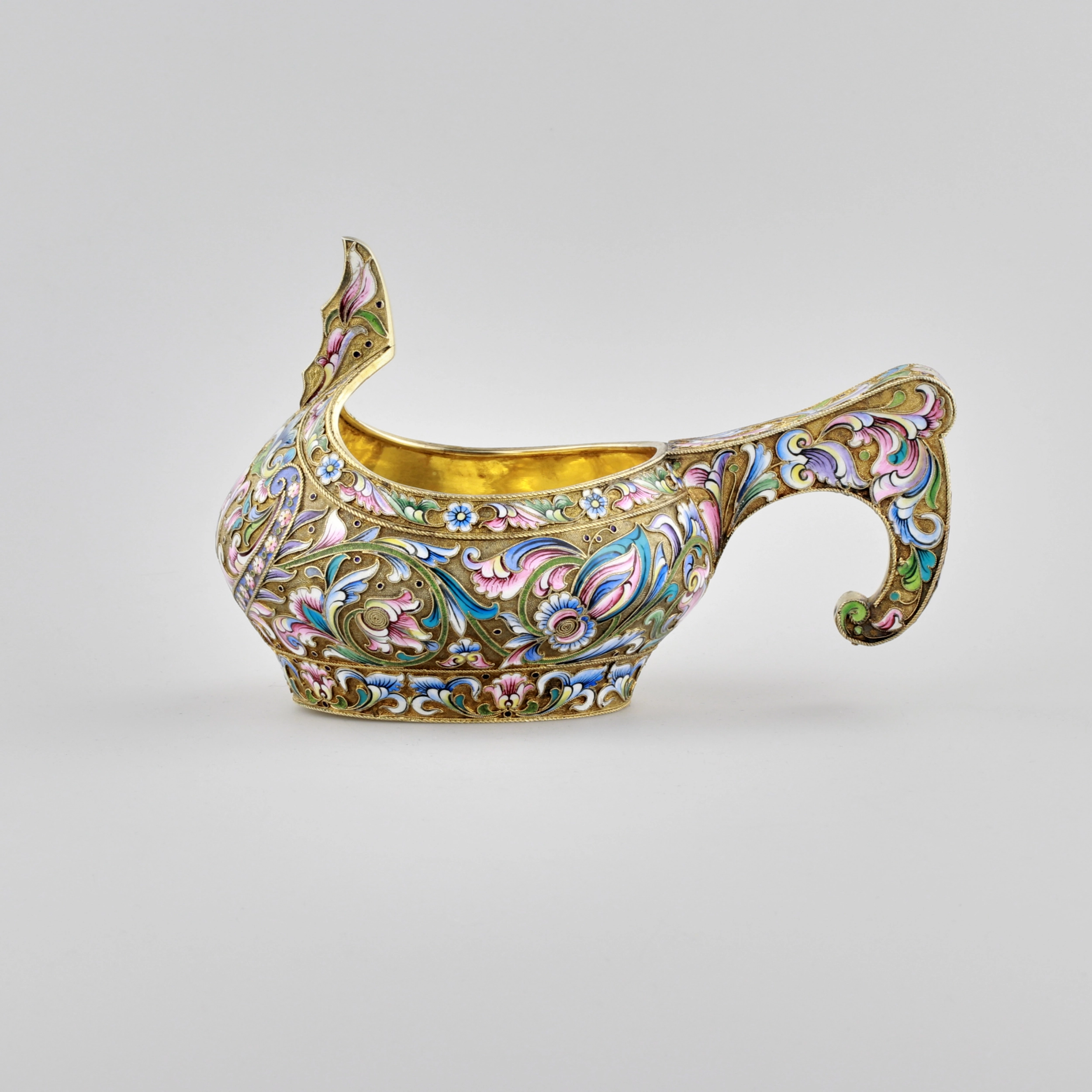 Russian silver Kovch, made using cloisonne enamel technique.