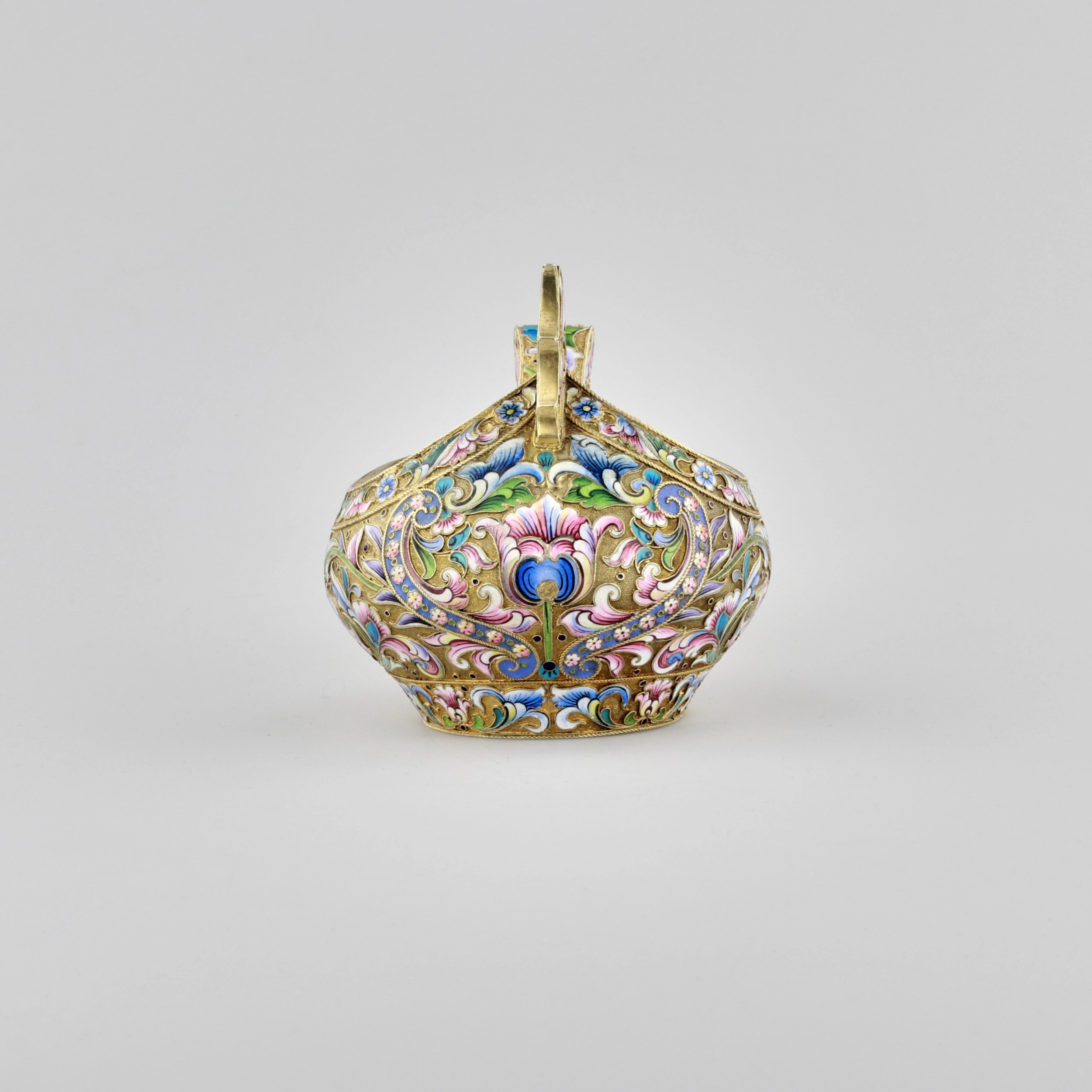 Russian silver Kovch, made using cloisonne enamel technique.