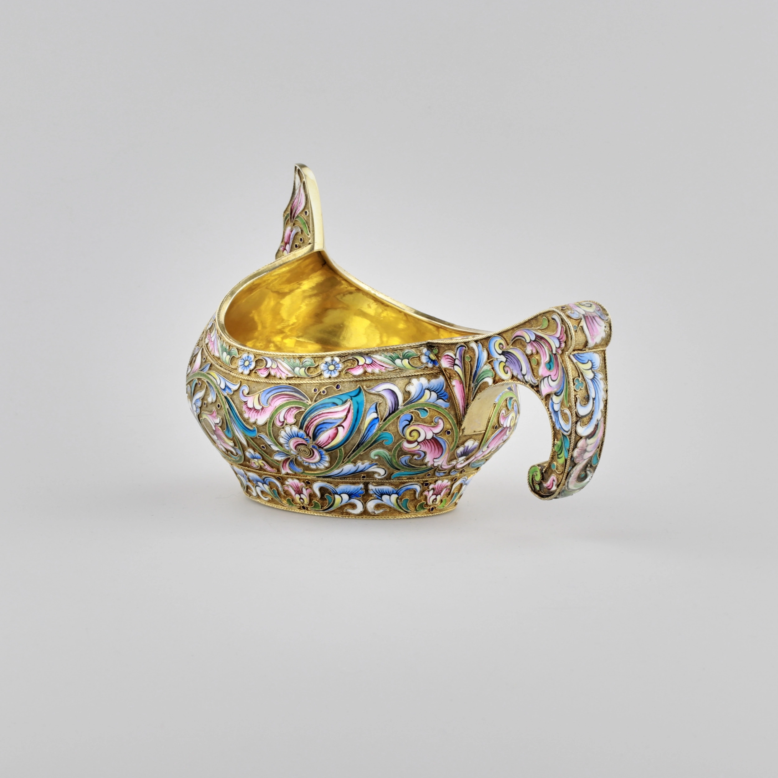 Russian silver Kovch, made using cloisonne enamel technique.
