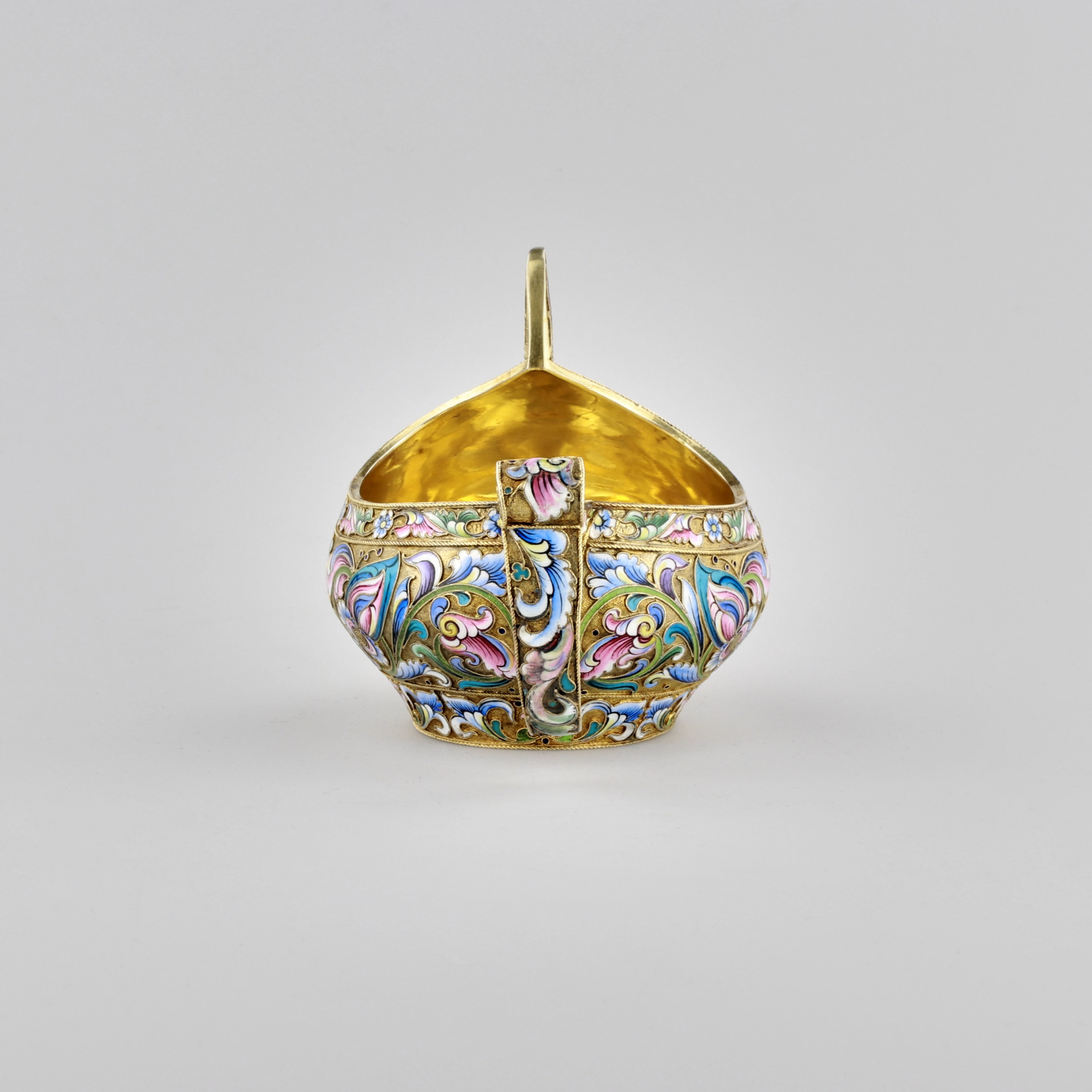 Russian silver Kovch, made using cloisonne enamel technique.