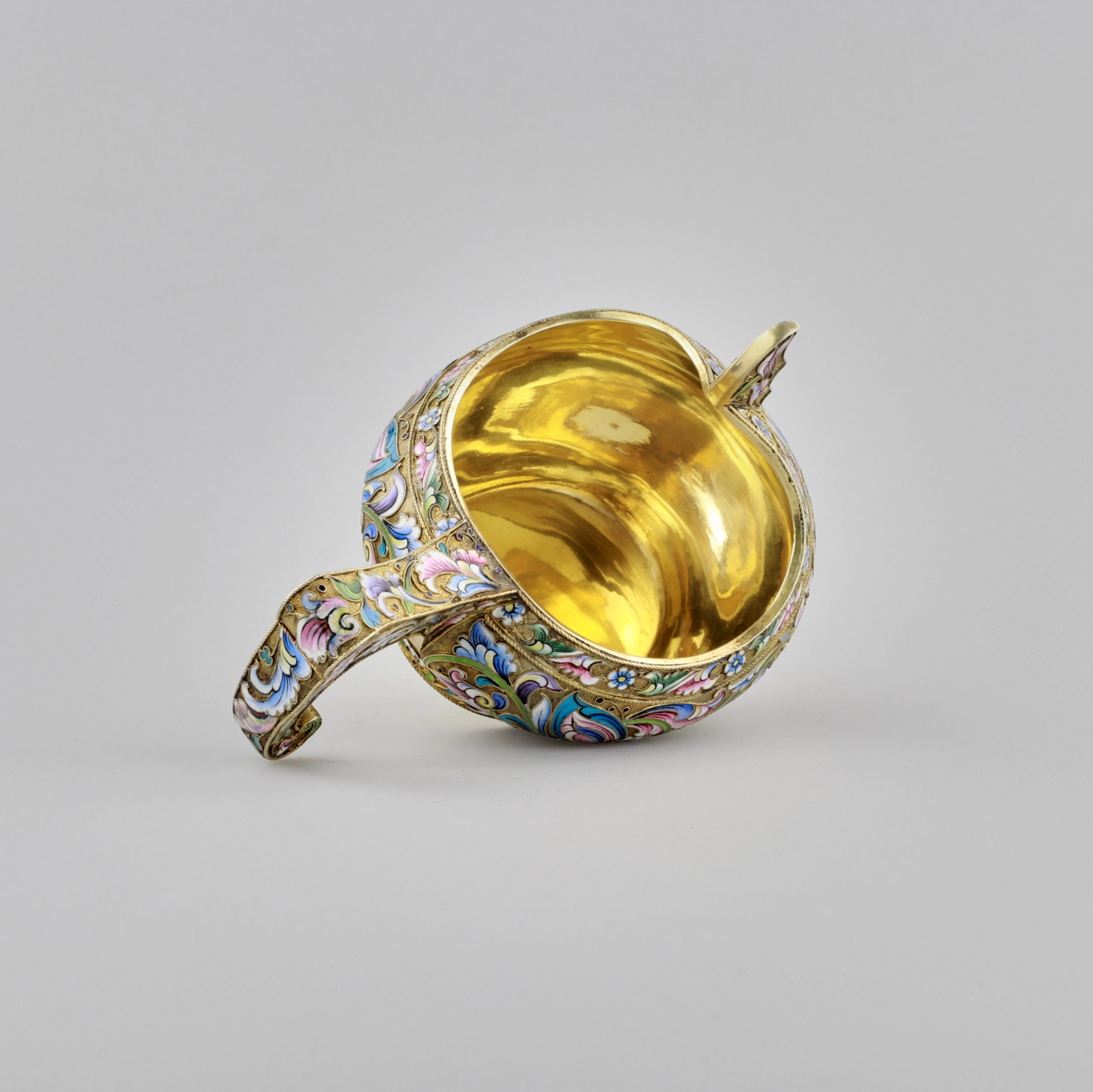 Russian silver Kovch, made using cloisonne enamel technique.