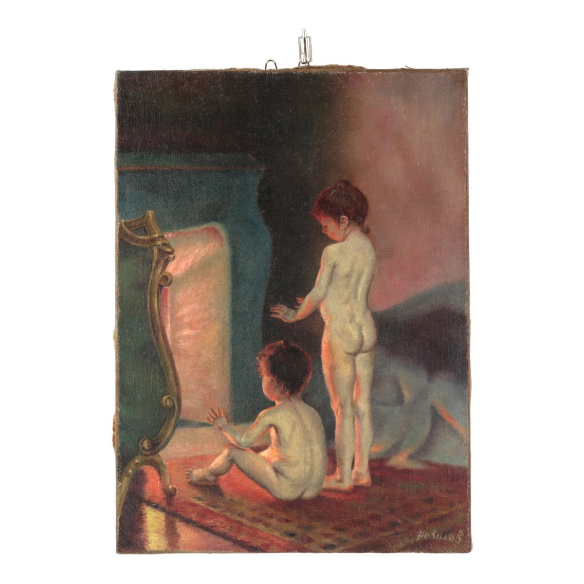Peinture Enfants près de la cheminee. Copie de 20 ans, auteur Novikov.
