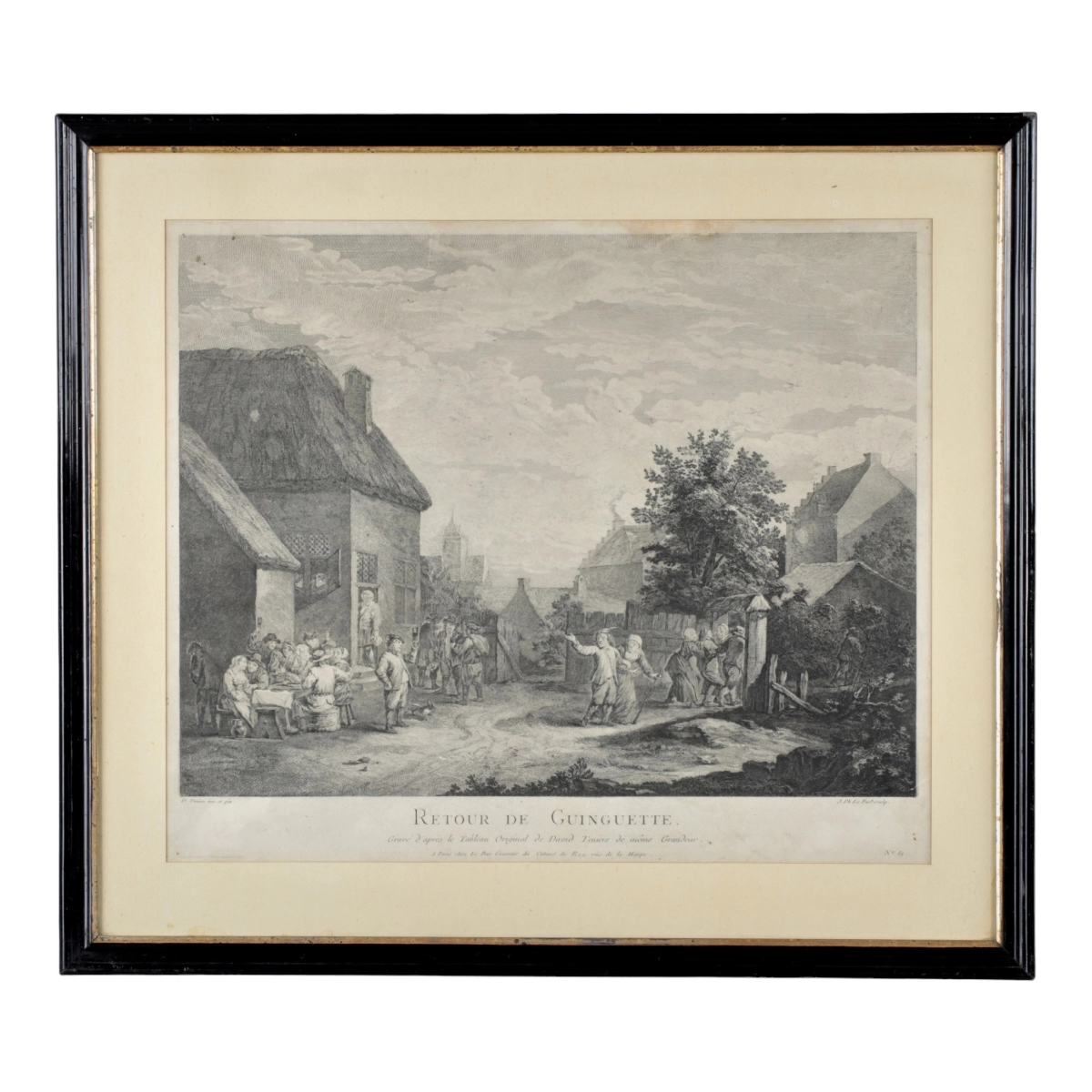Gravure française du 18e siècle par David Teniers. Retour de la taverne. 