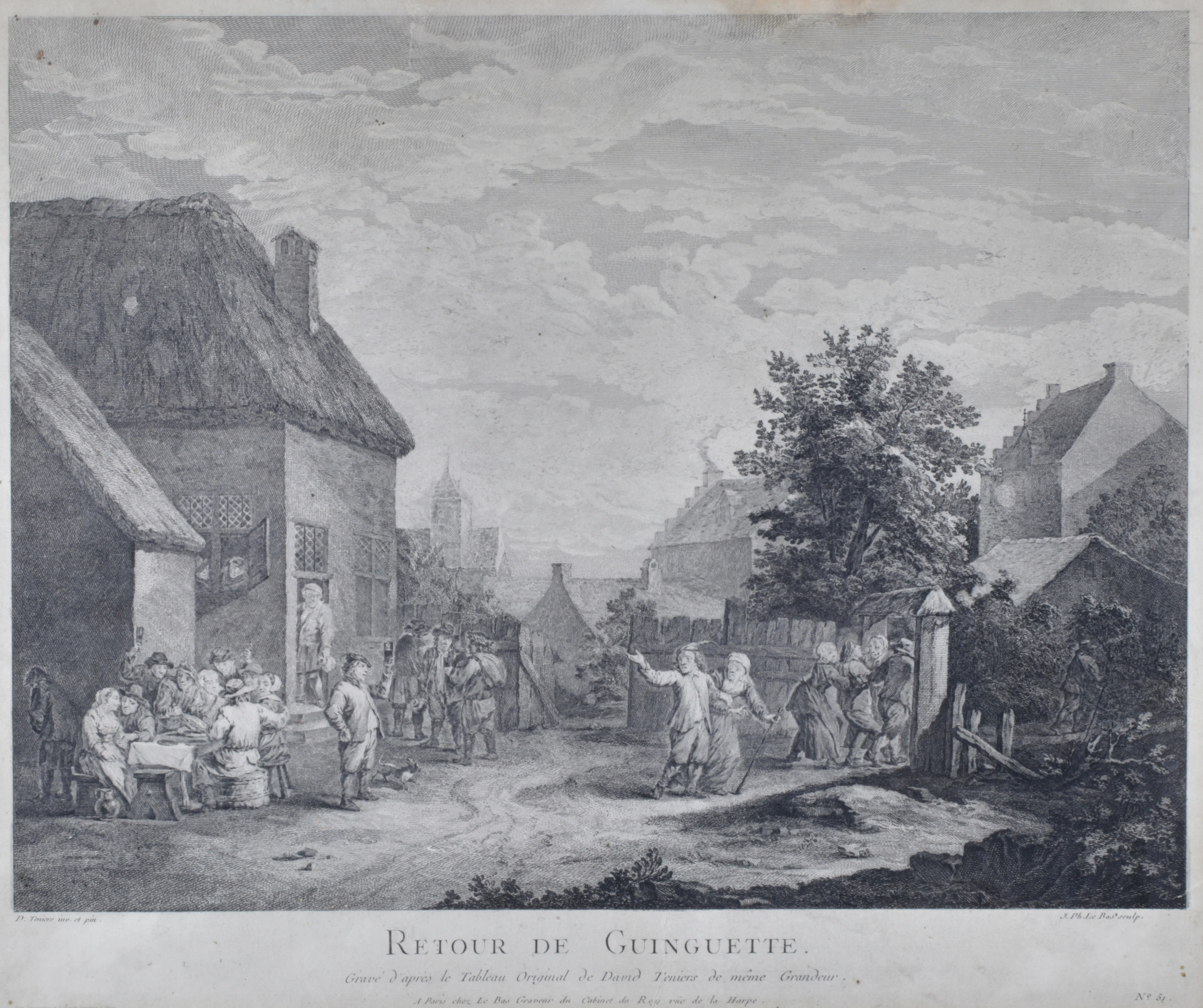 Gravure française du 18e siècle par David Teniers. Retour de la taverne. 
