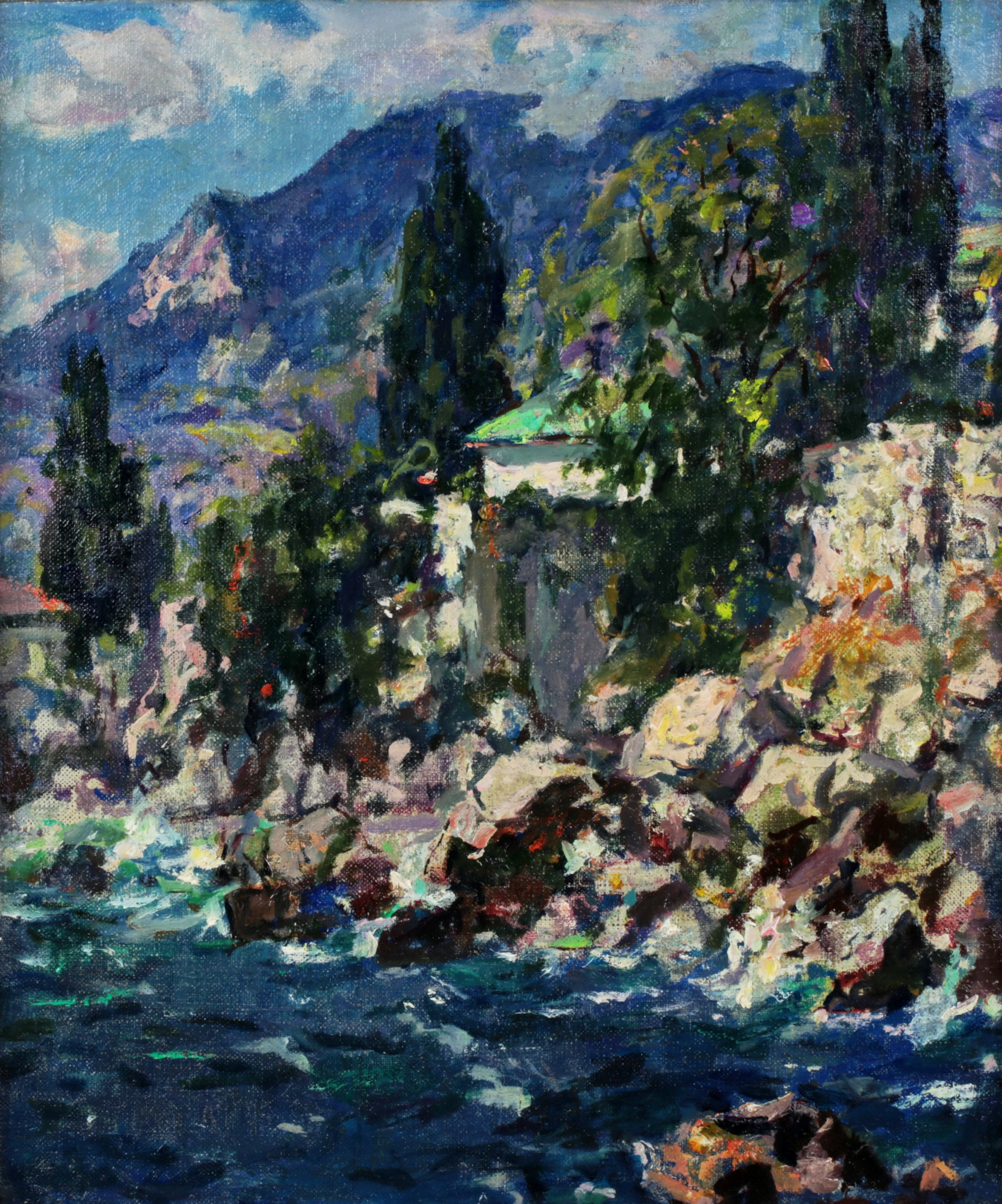 PAYSAGE DE CRIMÉE AVEC RIVAGE MARIN ET CYPRÈS RUSSIE, ANNÉES 1920–1930