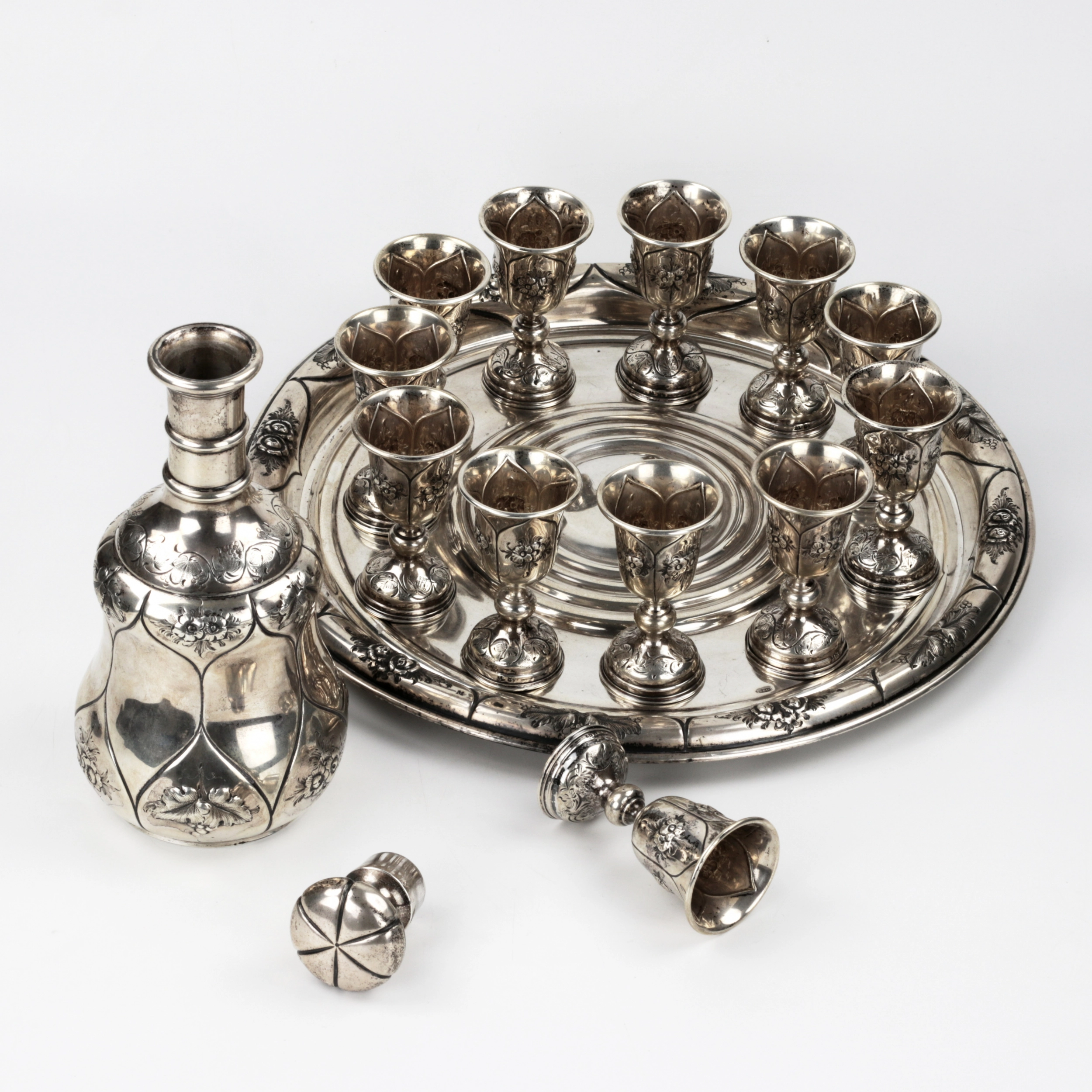 Silver vodka service for 12 persons. Tsarist Russia, 19th century. 