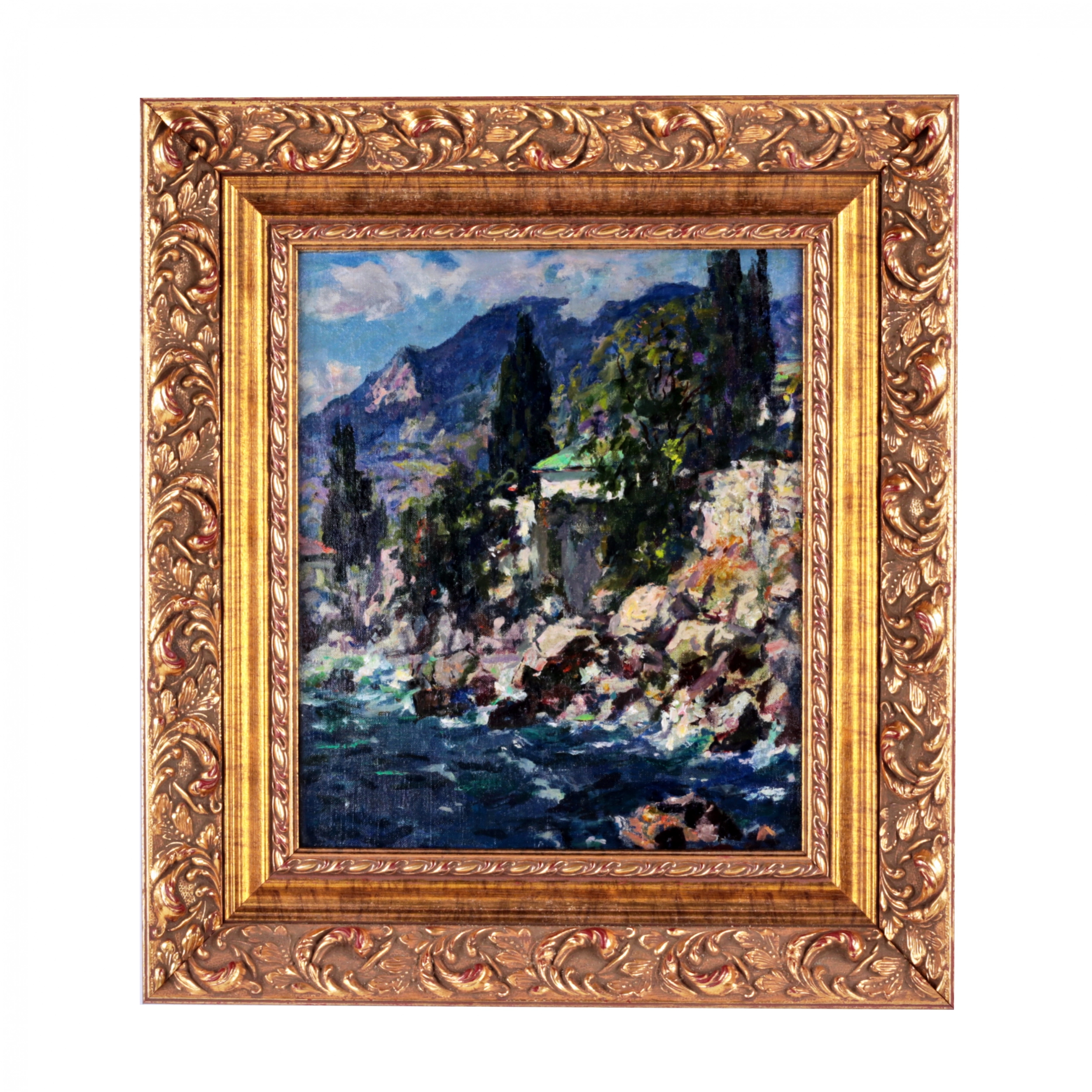 PAYSAGE DE CRIMÉE AVEC RIVAGE MARIN ET CYPRÈS RUSSIE, ANNÉES 1920–1930
