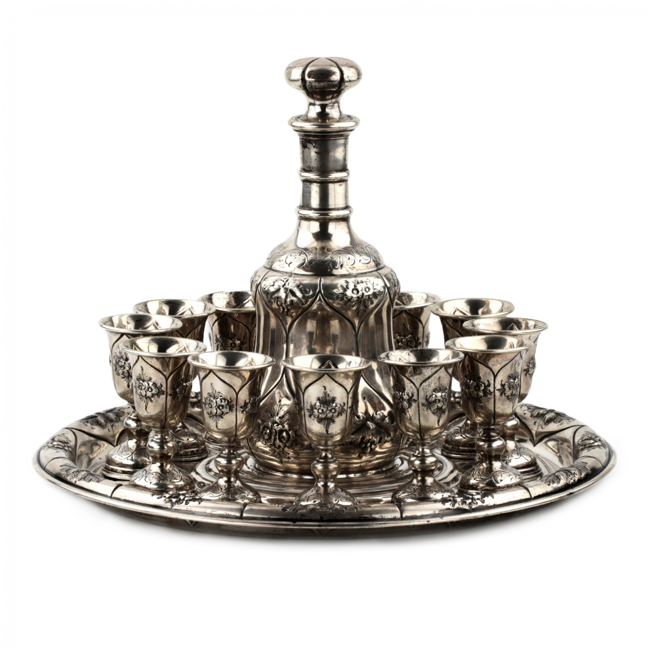 Silver vodka service for 12 persons. Tsarist Russia, 19th century. 