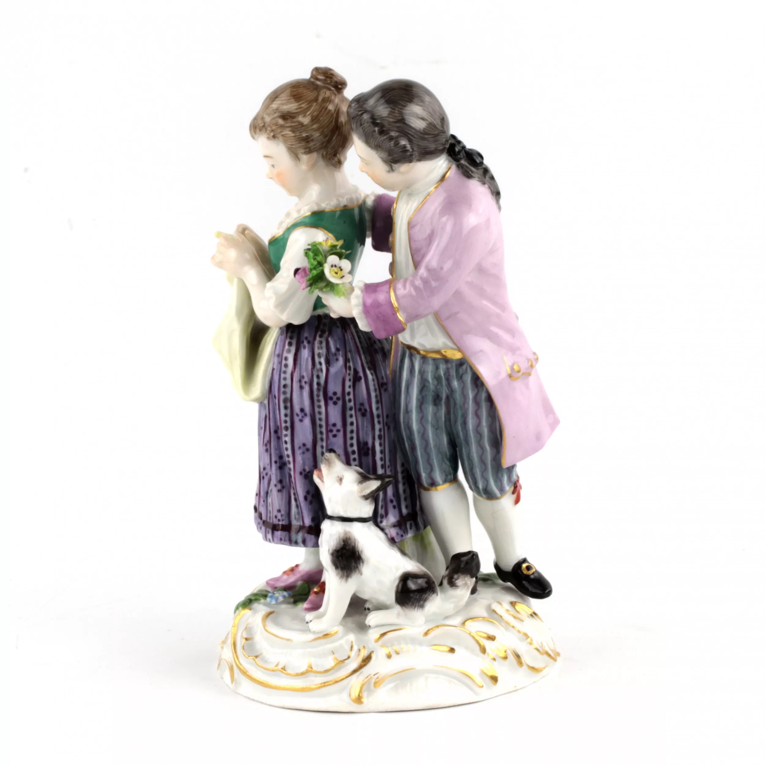 Groupe en porcelaine Couple avec un chien. Meissen. 
