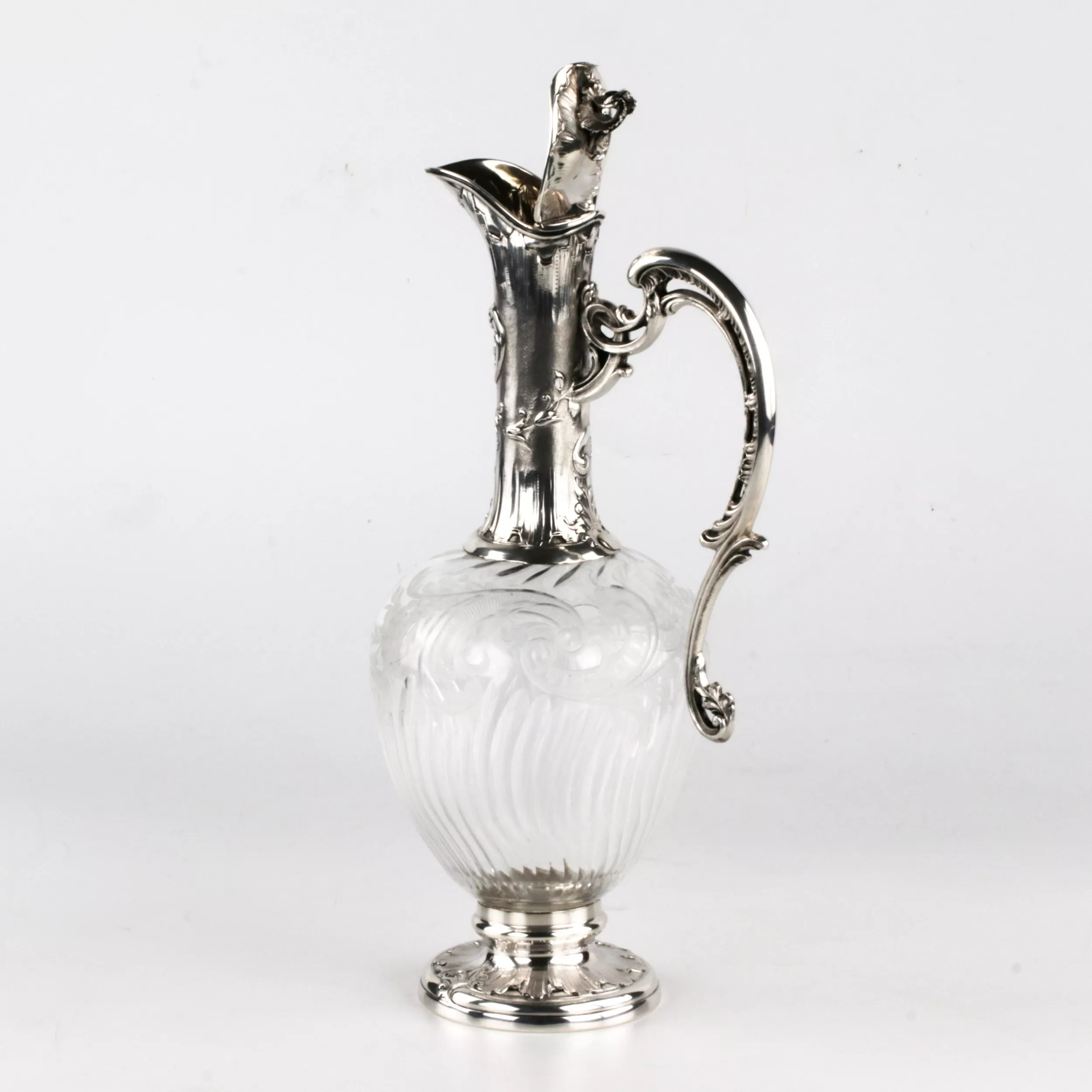Charming French wine jug made of glass with silver. 