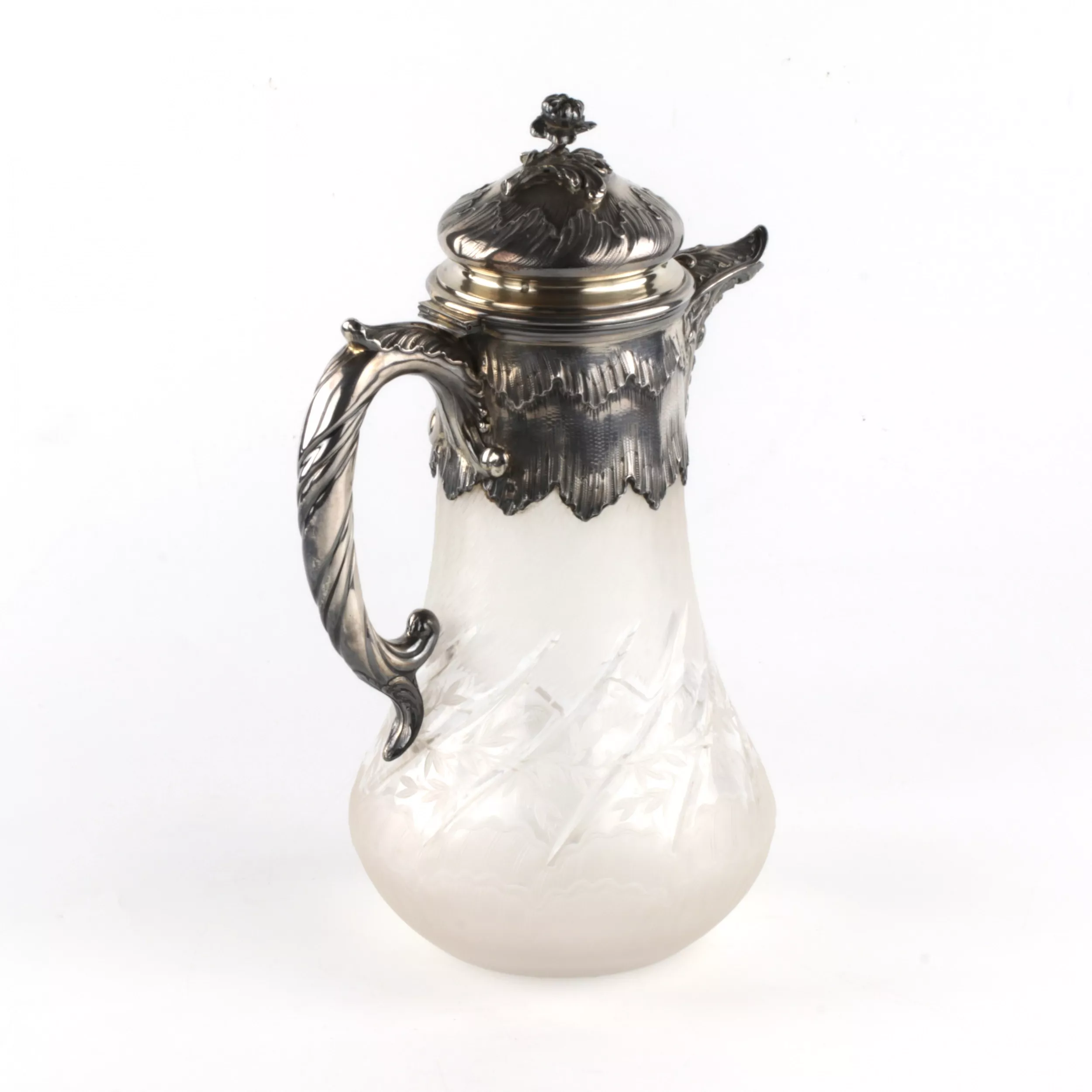 CARAFE À EAU EN ARGENT ET VERRE GRAVÉ. FRANCE. FIN DU XIXe SIÈCLE