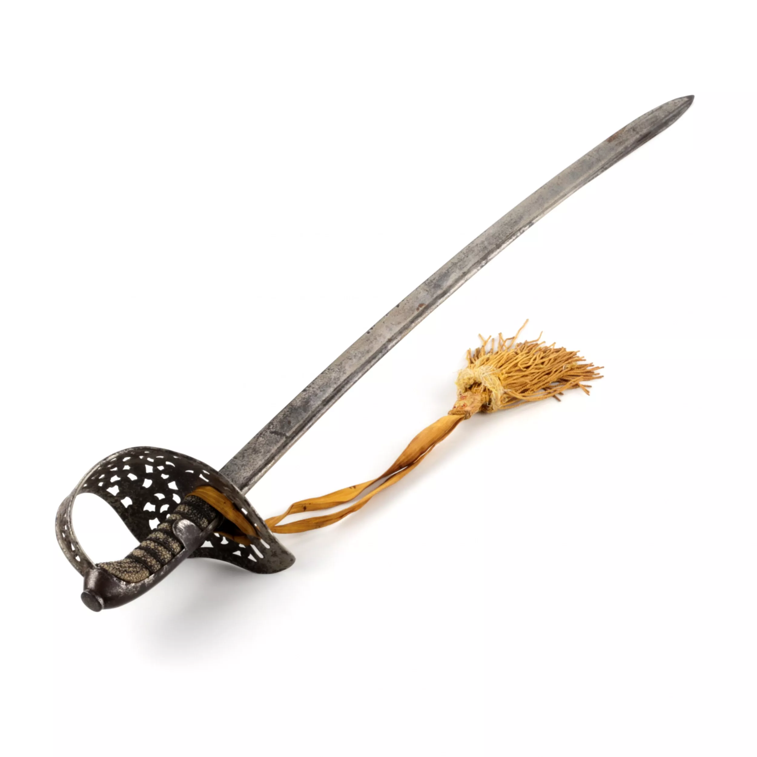 A cavalry broadsword with a carved steel hilt. 