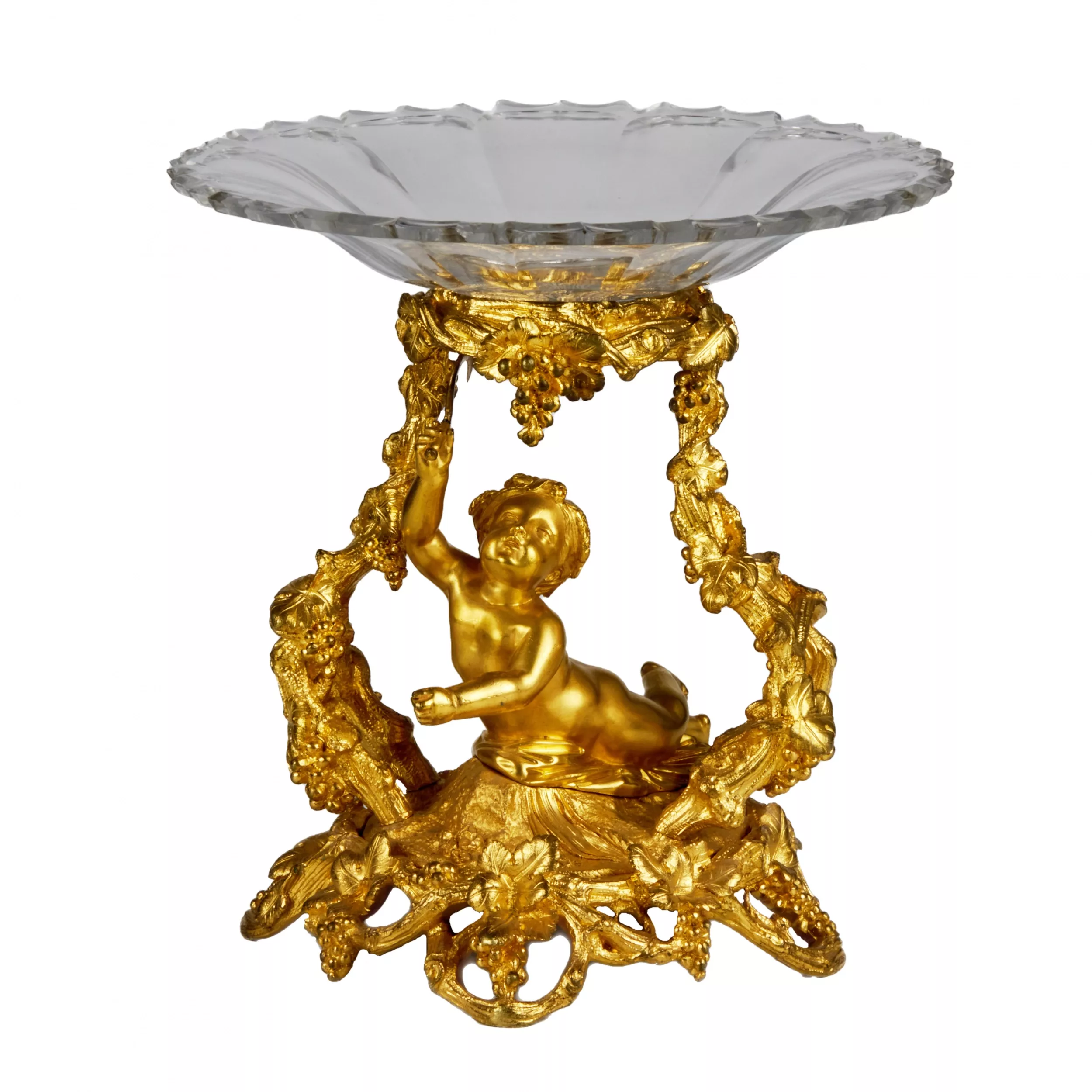 DECORATIVE GILT BRONZE AND CRYSTAL CENTREPIECE FRUIT BOWL IN THE NAPOLEON III STYLE. FRANCE, SECOND HALF OF THE 19TH CENTURY
