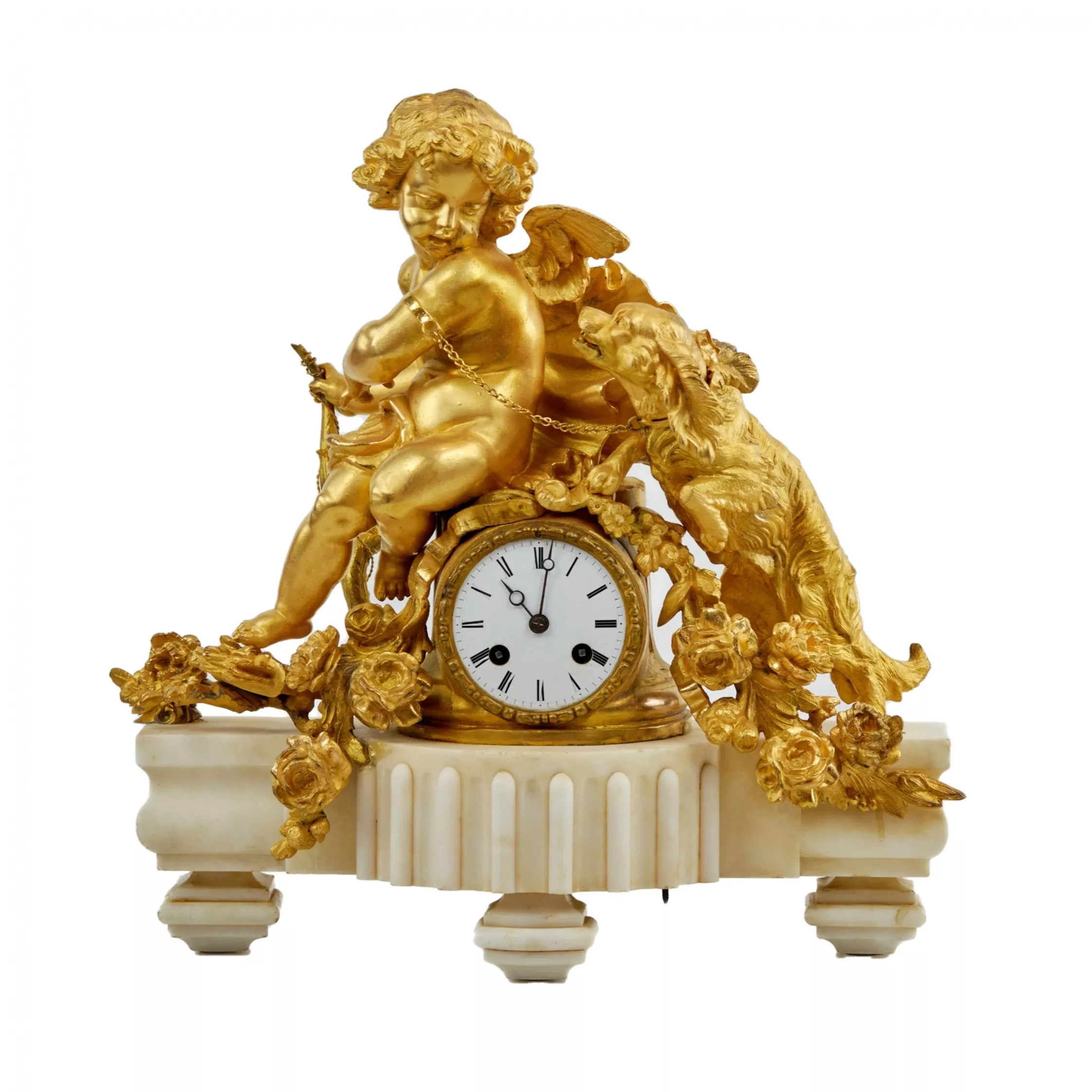 Philippe Mourey. Pendule Putti avec un chien. 