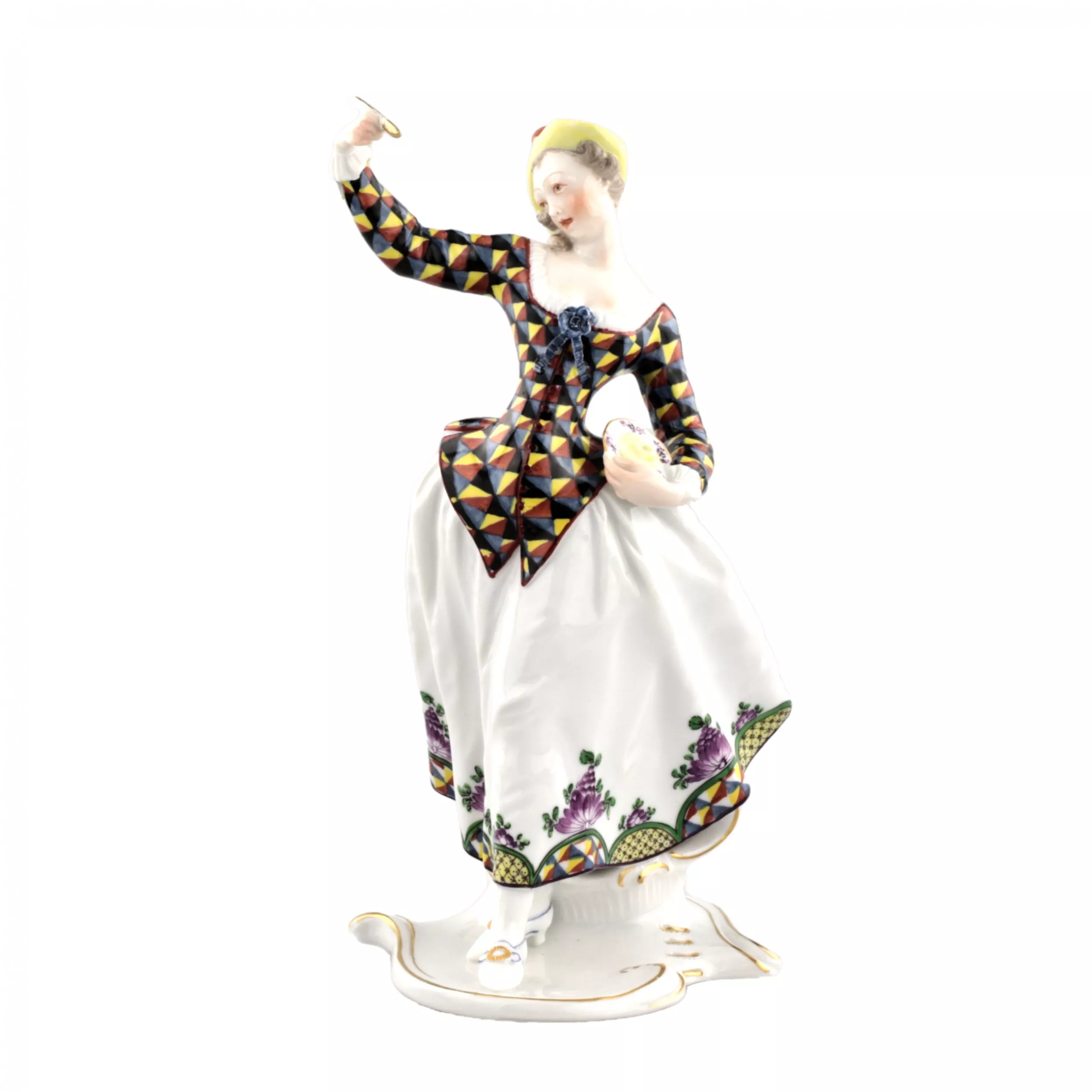 Figurine en porcelaine Columbine avec une soucoupe. Nymphenburg, Allemagne. Le debut du 20e siècle. 