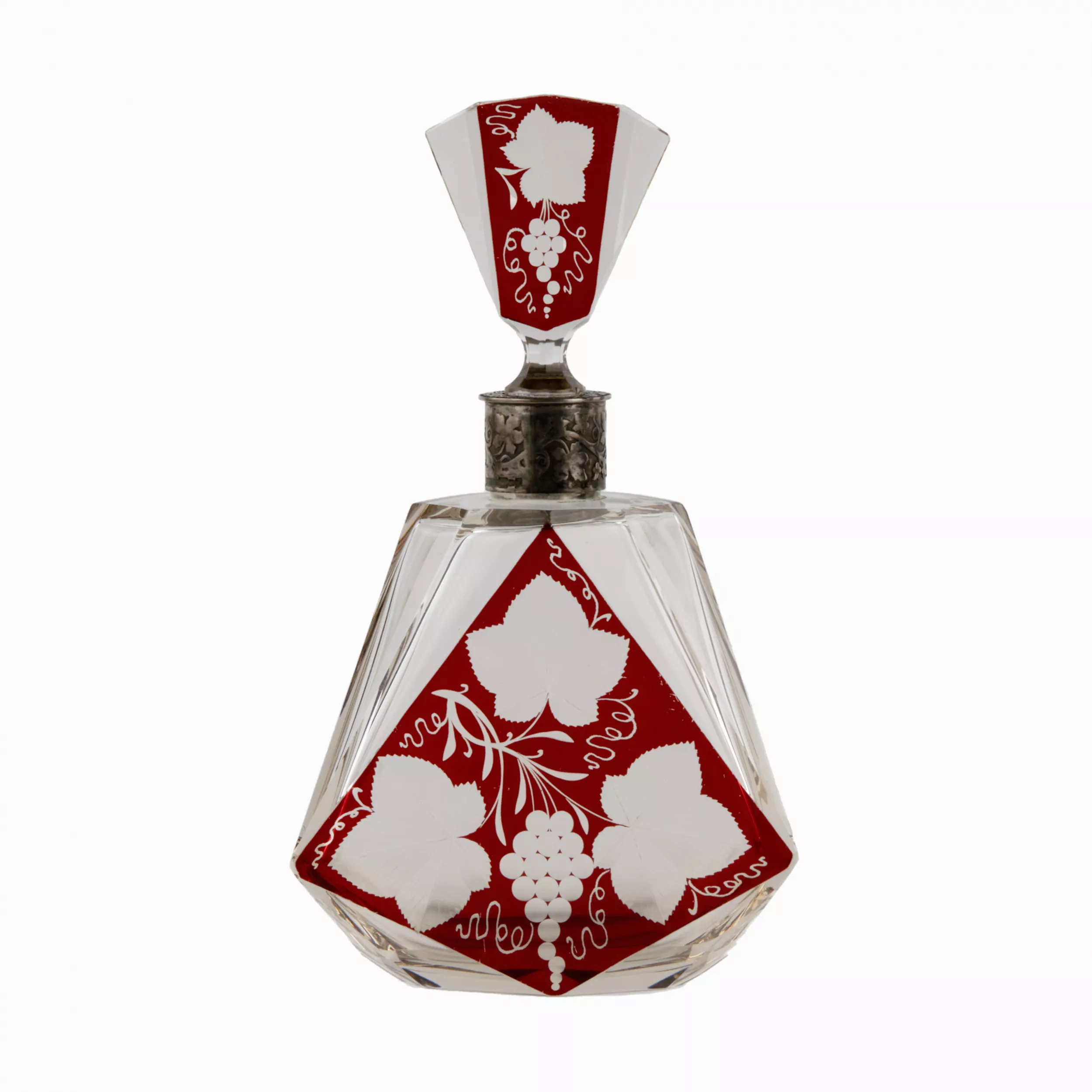 LIQUEUR DECANTER IN RUBY OVERLAY GLASS WITH SILVER MOUNT. LATE 19TH CENTURY