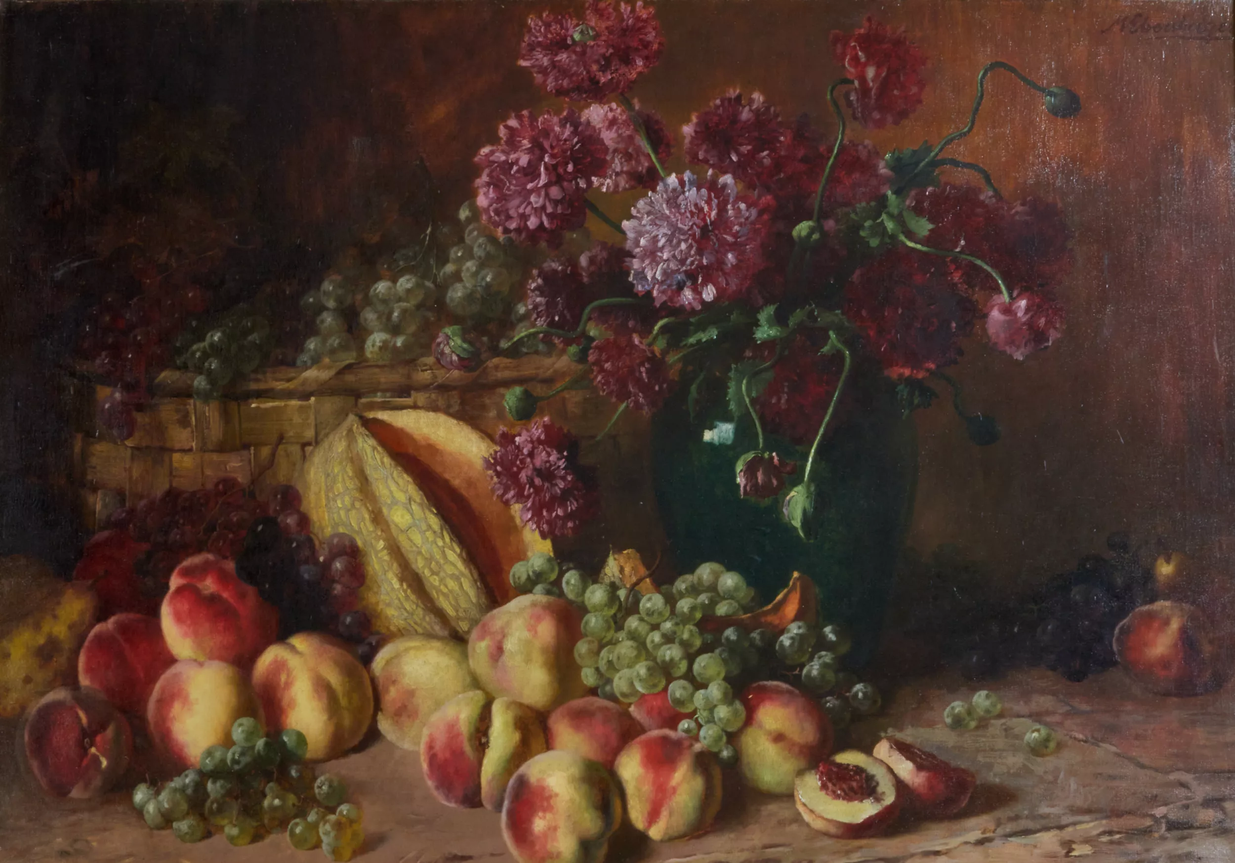 Still life with carnations and fruits. Max Ebersberg. 1852 - 1926. 
