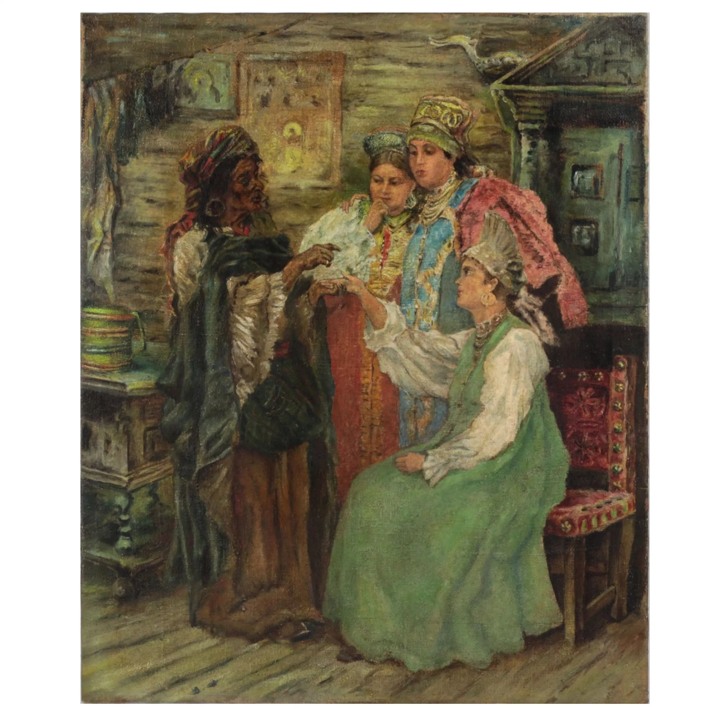 Le tableau Divination de Noël. Copie dune peinture de Makovsky. Le debut du 20e siècle.