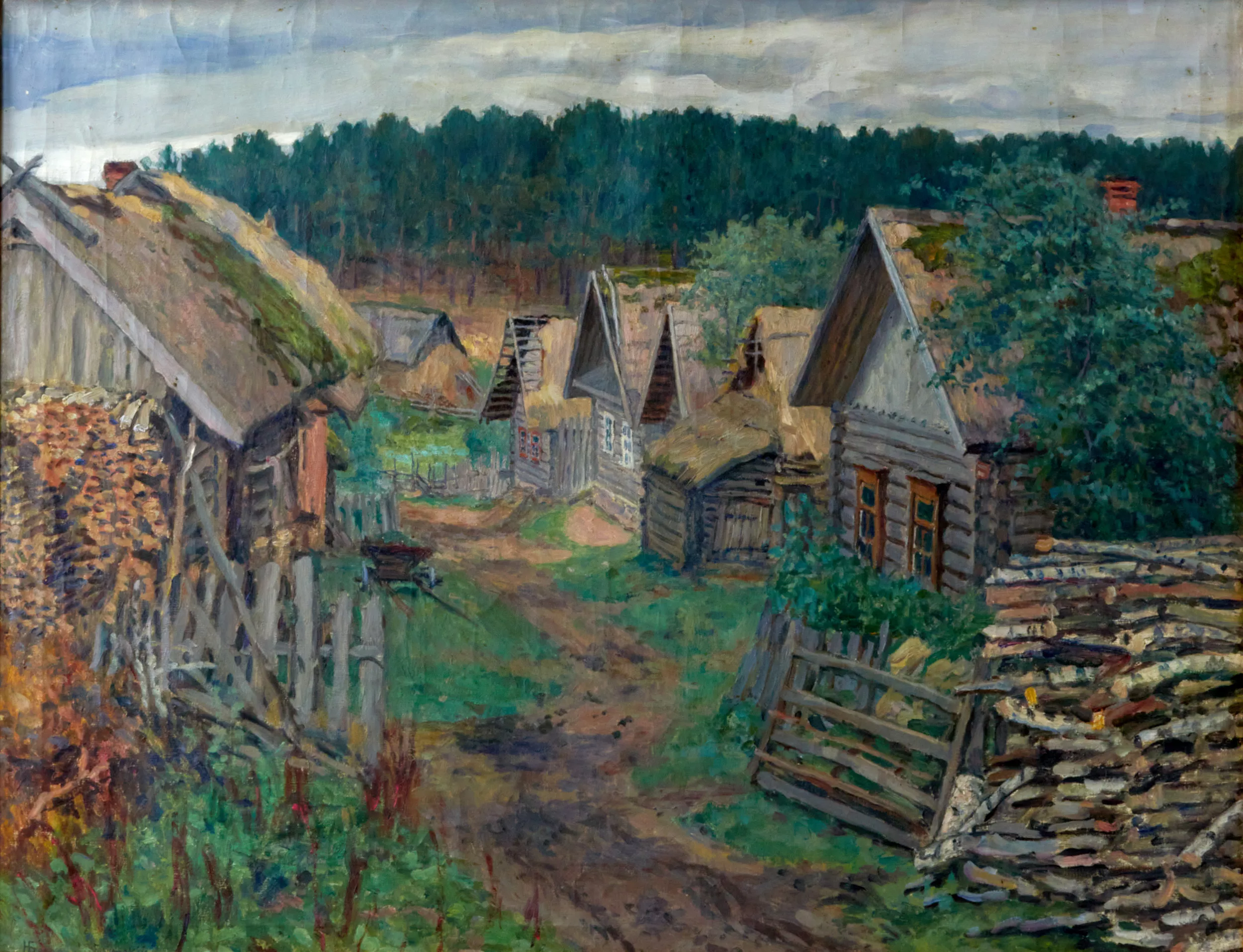 N.P. Bogdanov-Belsky. Paysage. Vue sur la rue du village. 