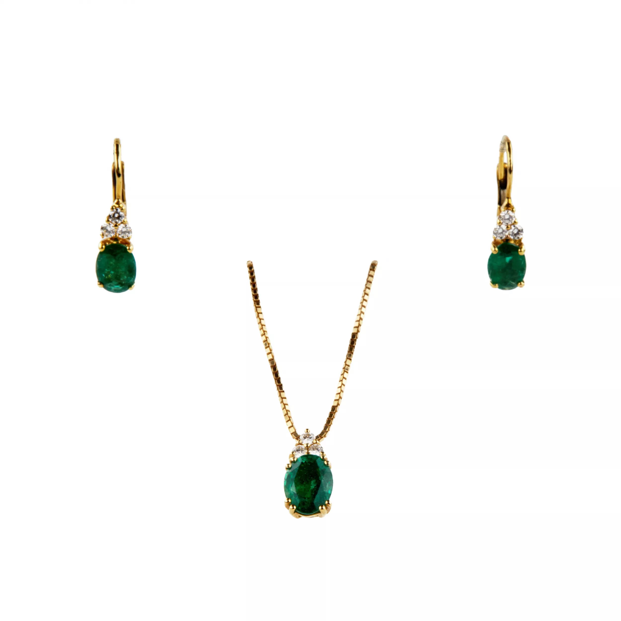 Giorgio Visconti. 18K gold pendant and earrings with emeralds and diamonds.