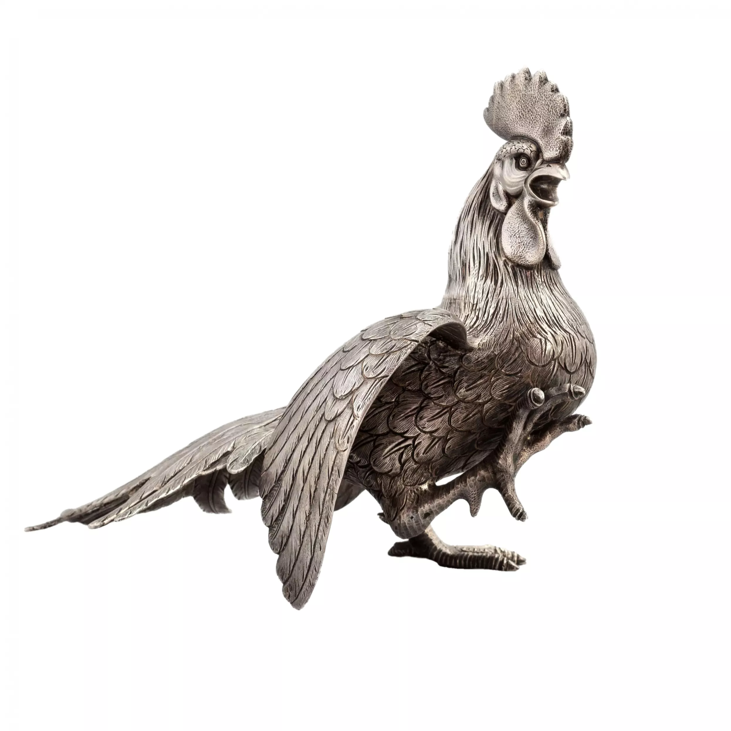 Coq de combat. Statuette en argent. Le Portugal. 