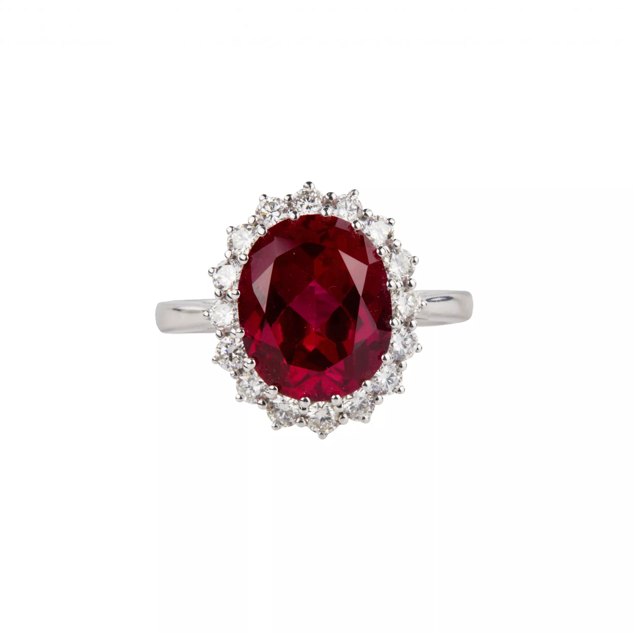 White gold ring with synthetic ruby and diamonds. 