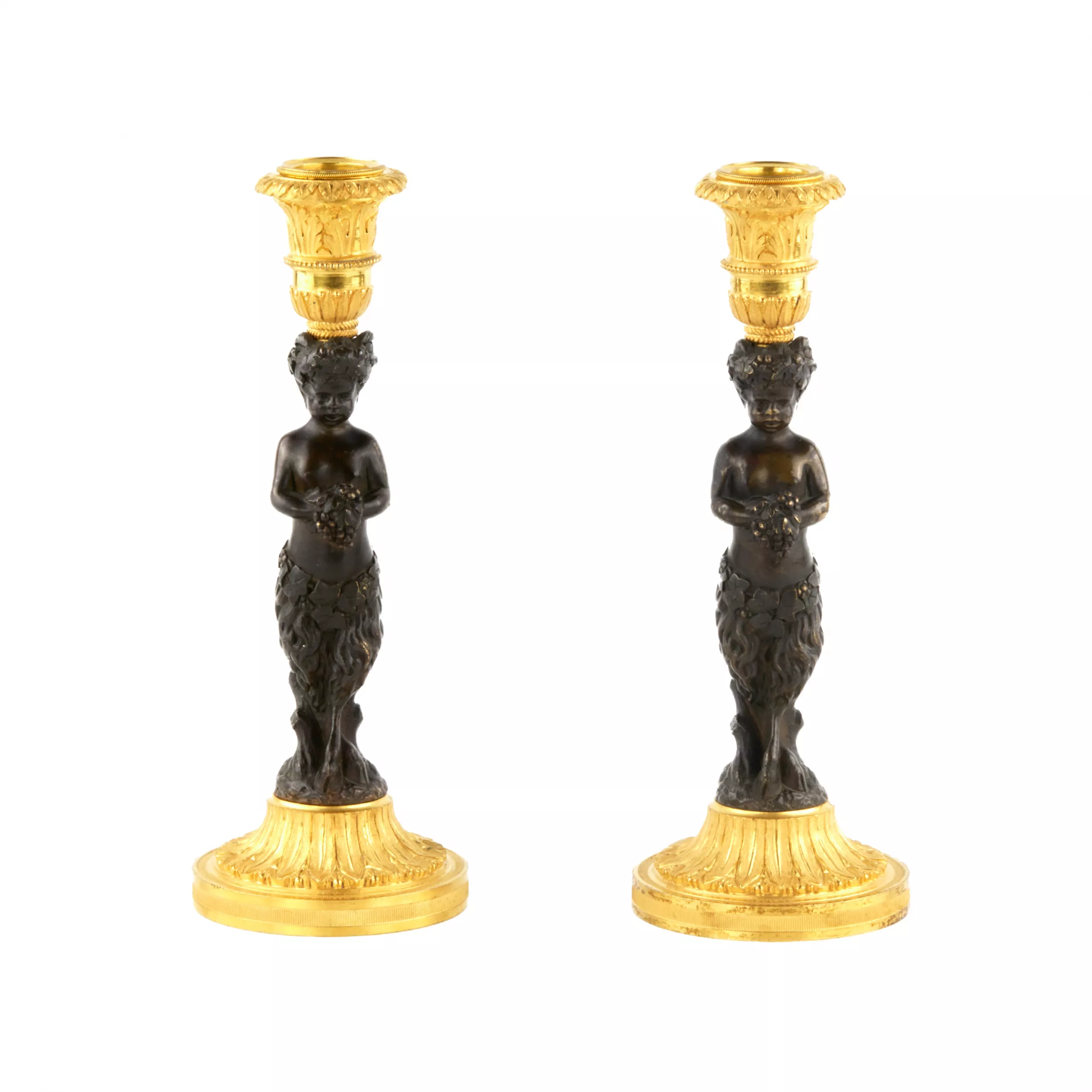 PAIR OF FRENCH BRONZE CANDLESTICKS FAUNS. FRANCE. MID-19TH CENTURY