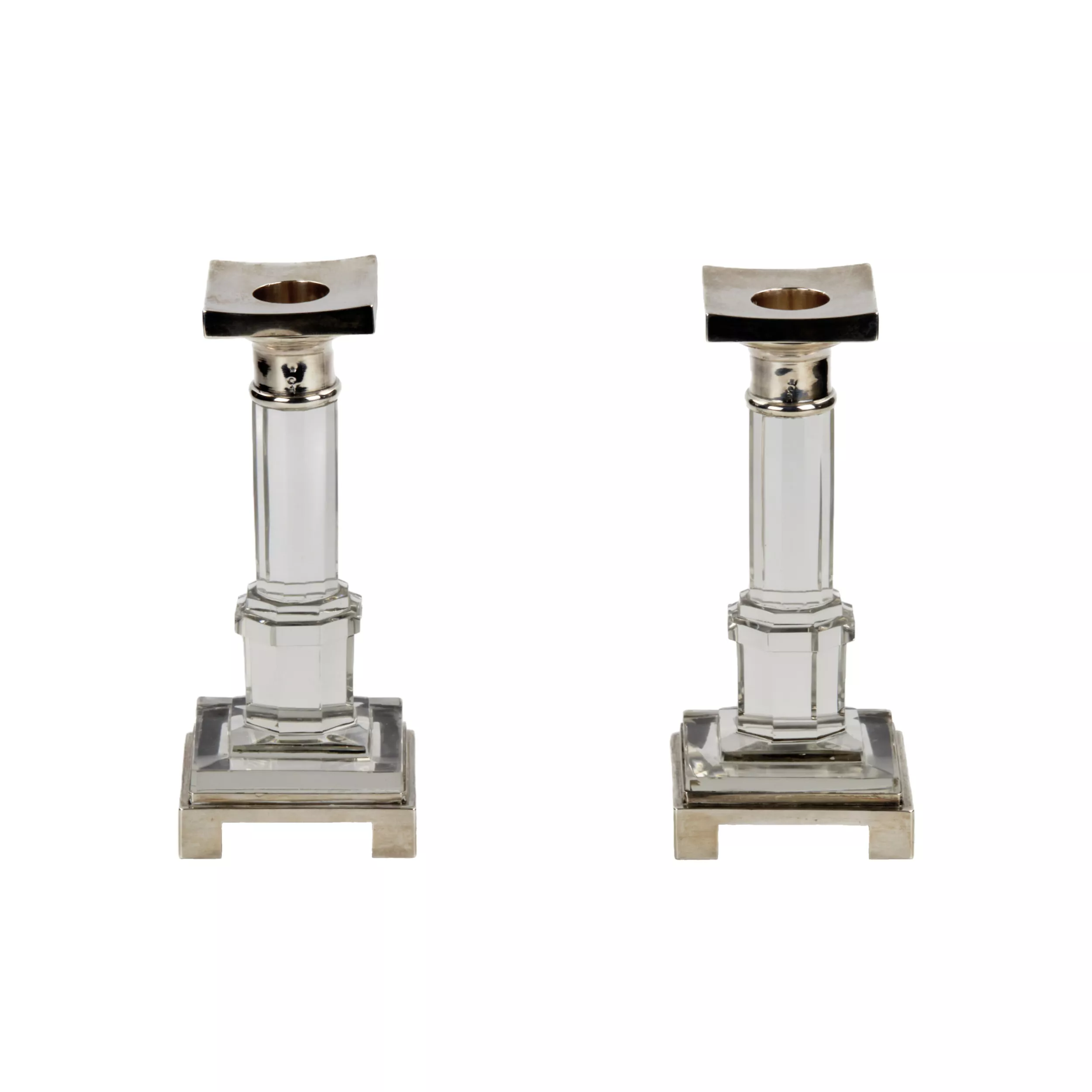 Pair of elegant, Russian candlesticks in quartz and silver. Around 1900 