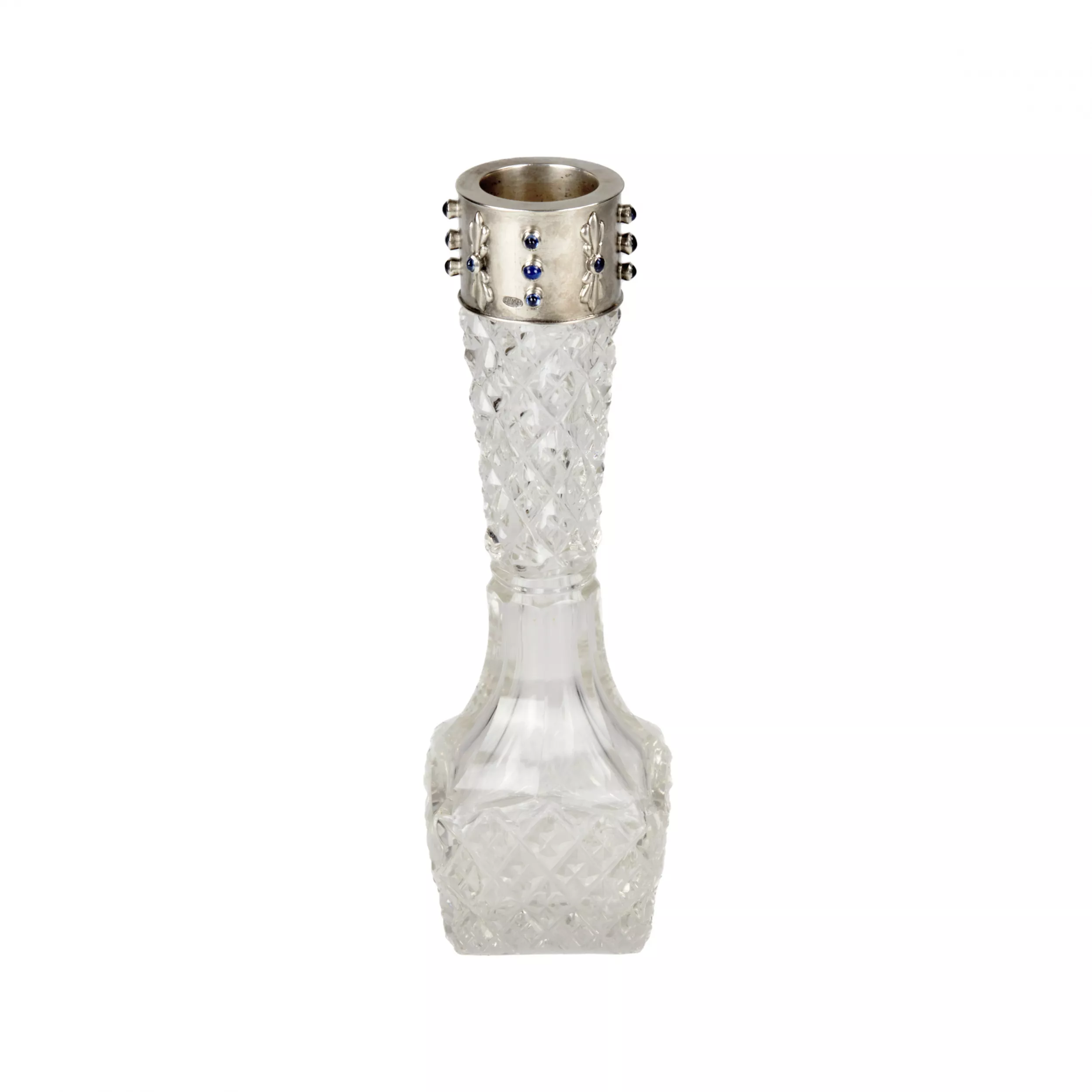 RUSSIAN ROCK CRYSTAL SOLIFLEUR VASE WITH SILVER MOUNT. ST PETERSBURG, TURN OF THE 20TH CENTURY