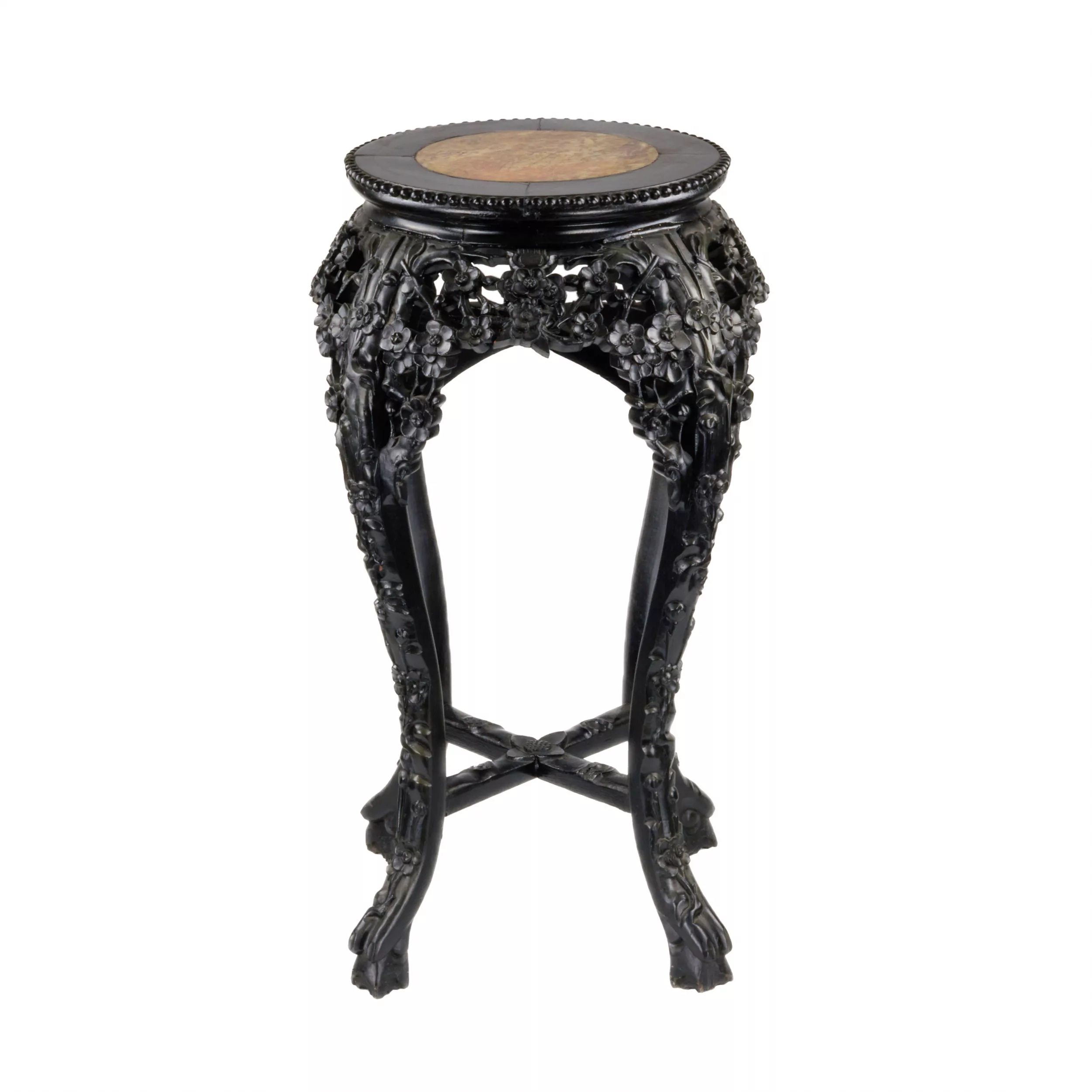 Support de vase chinois sculpte, en ebène et marbre.