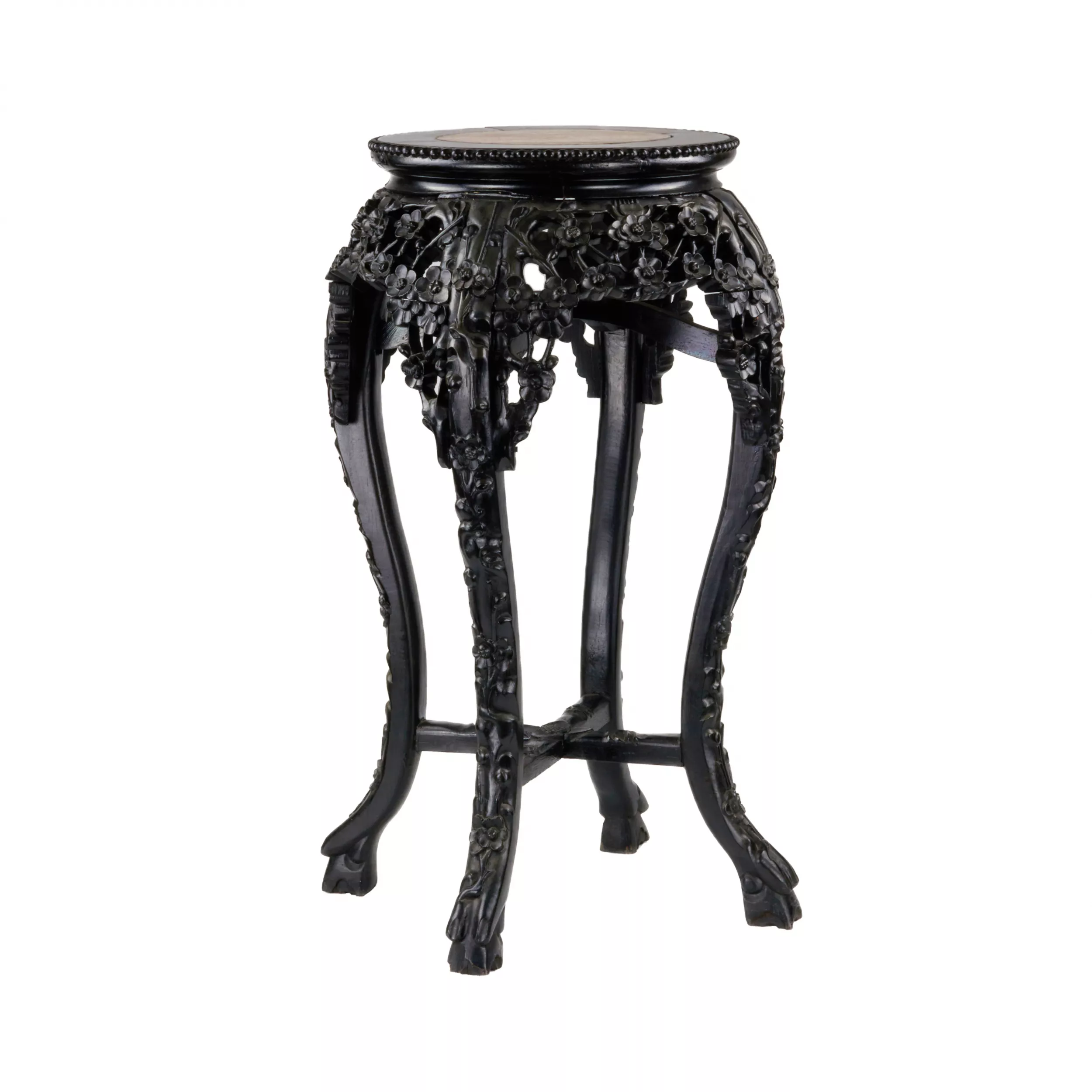 Support de vase chinois sculpte, en ebène et marbre.