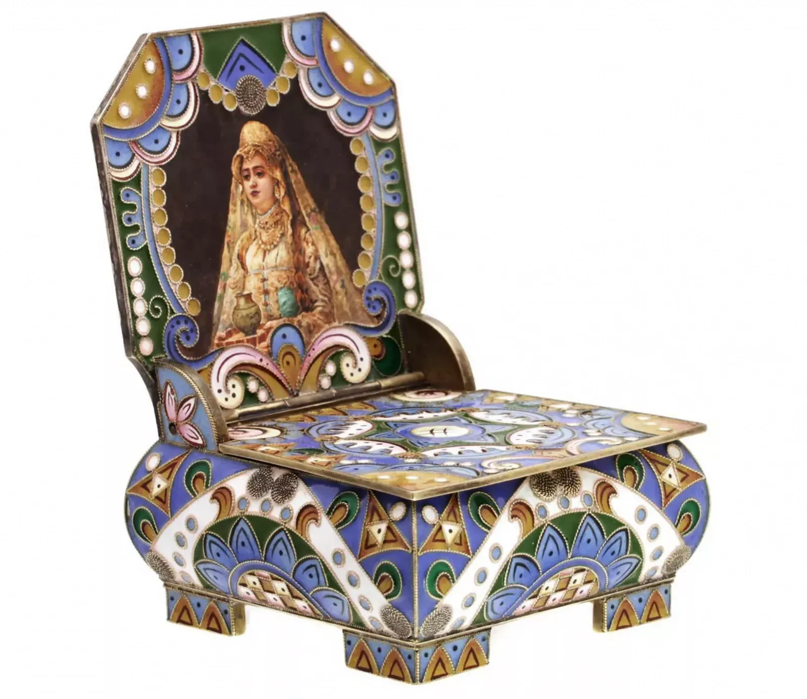 Luxurious silver salt-cellar-throne of enamel work. 