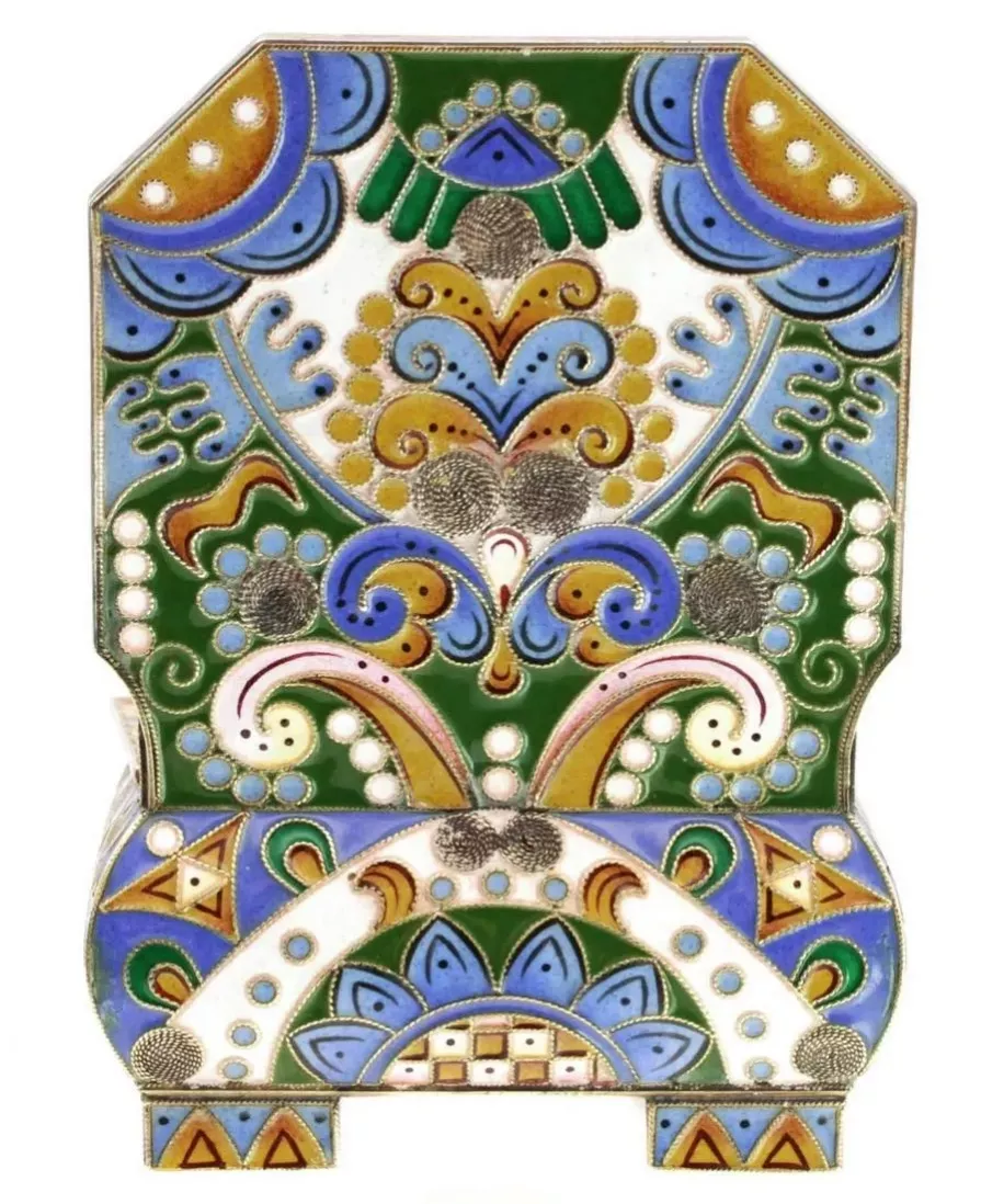 Luxurious silver salt-cellar-throne of enamel work. 