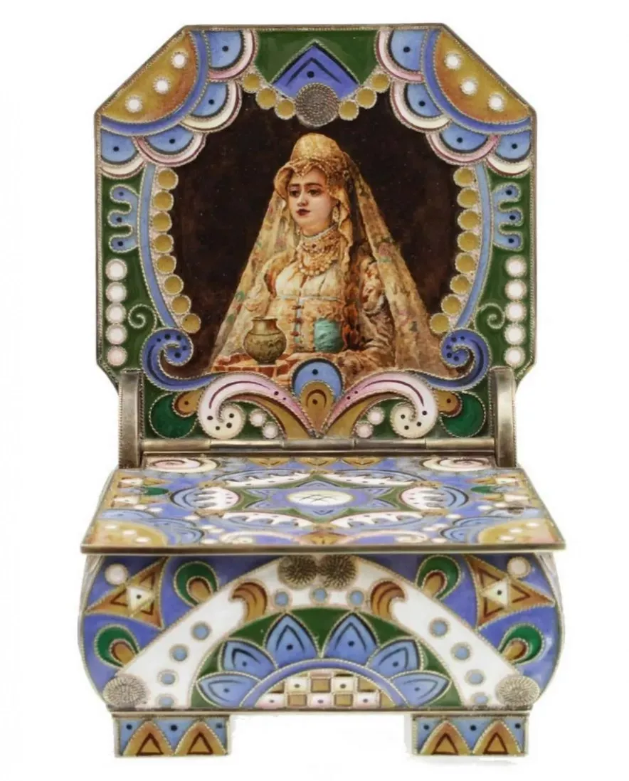 Luxurious silver salt-cellar-throne of enamel work. 