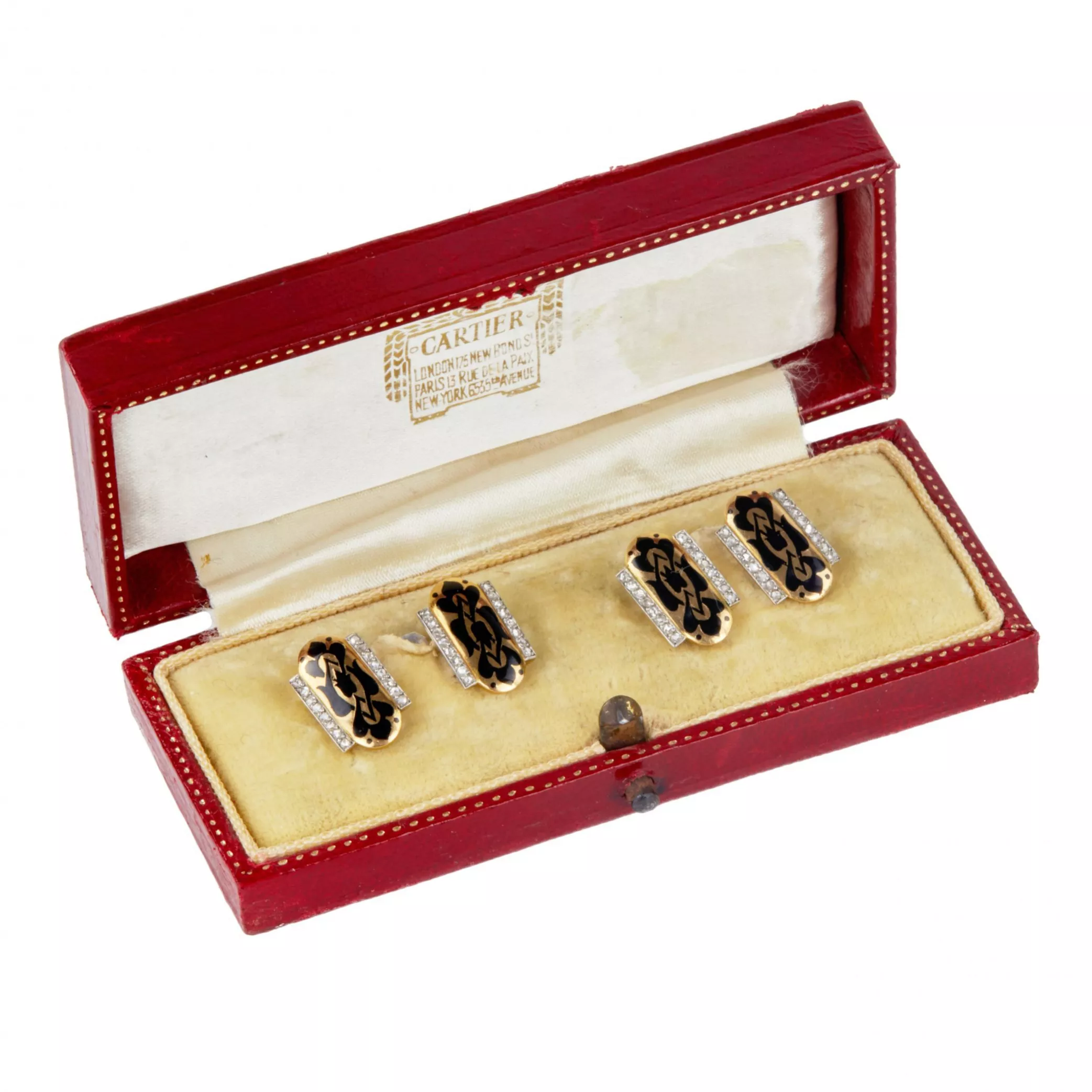 Boutons de manchette Cartier en or avec email et diamants. annees 1920. 