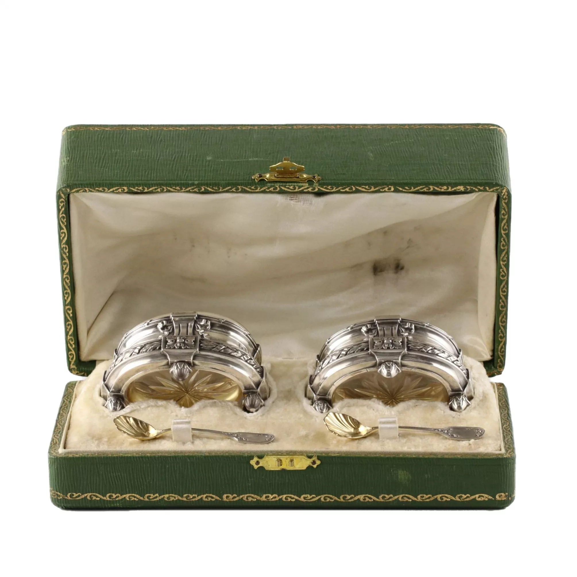 PAIR OF FRENCH SILVER SALTS WITH SPOONS IN THEIR ORIGINAL PRESENTATION CASE