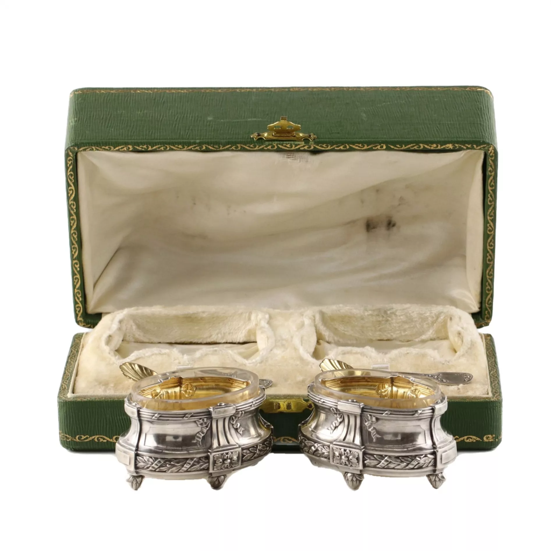 PAIR OF FRENCH SILVER SALTS WITH SPOONS IN THEIR ORIGINAL PRESENTATION CASE
