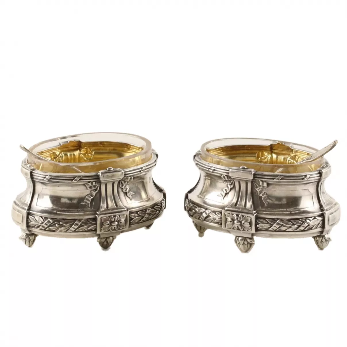 PAIR OF FRENCH SILVER SALTS WITH SPOONS IN THEIR ORIGINAL PRESENTATION CASE