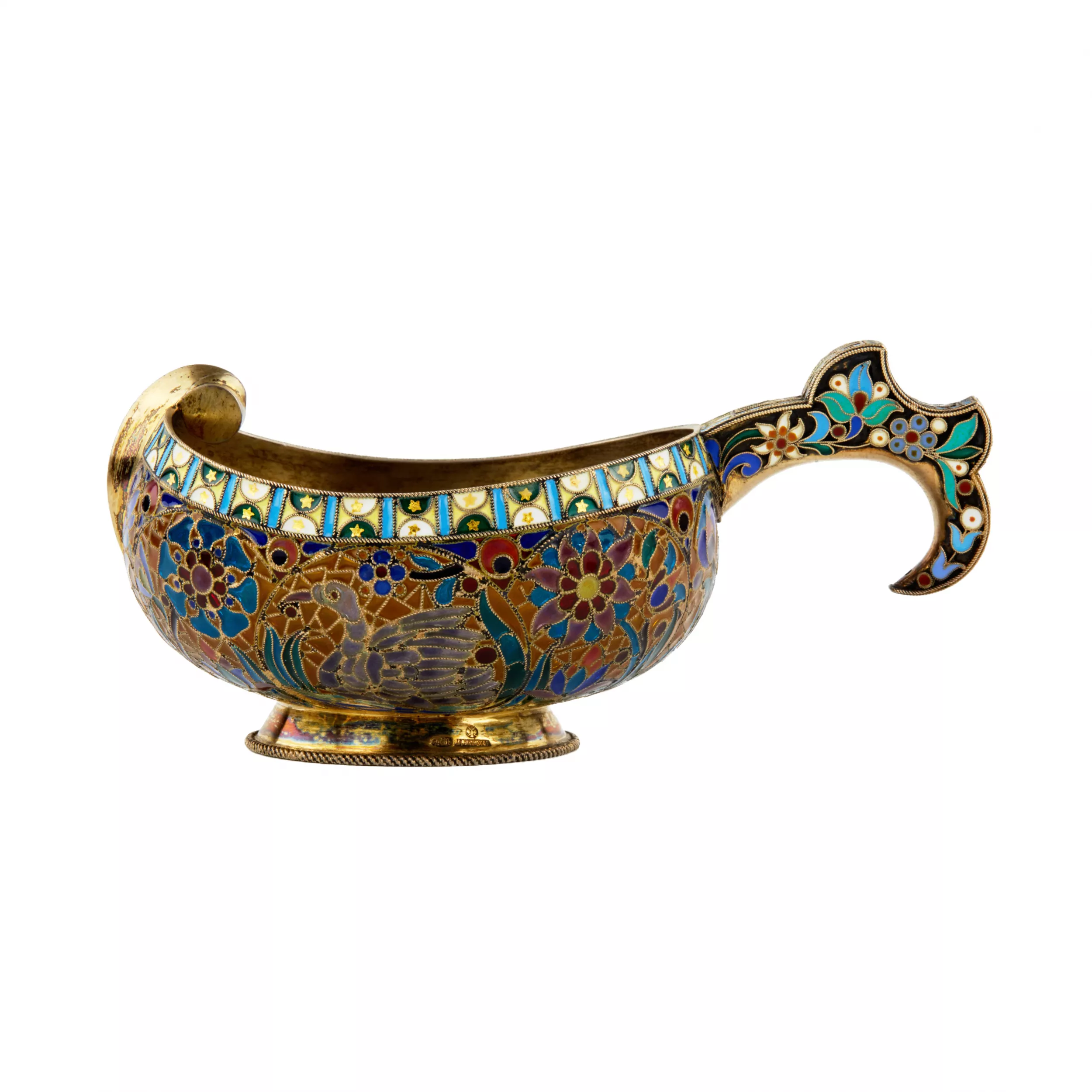 Large magnificent silver Kovsh 84 assay P. Ovchinnikov with stained glass enamel. Moscow. At the turn of 1900 