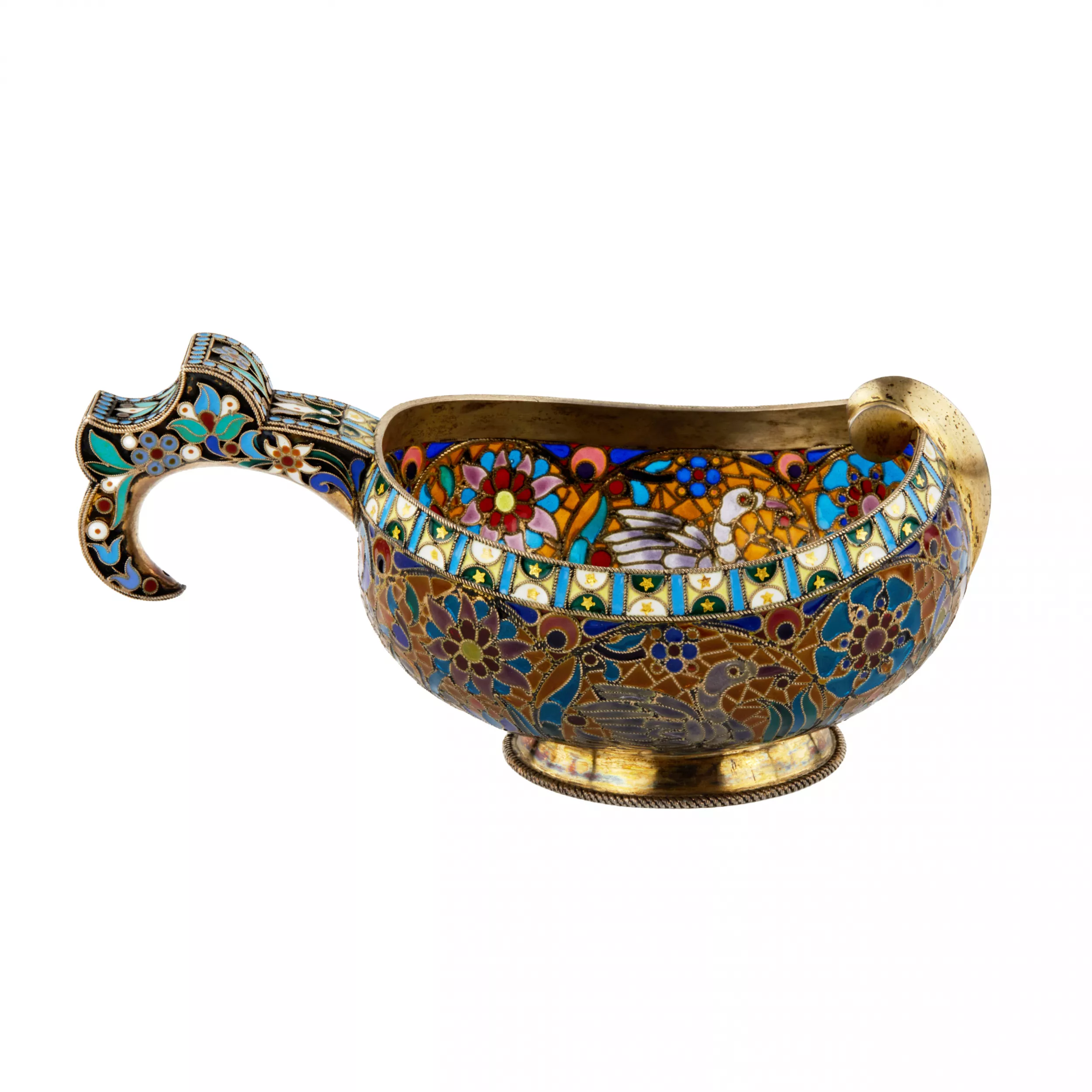 Large magnificent silver Kovsh 84 assay P. Ovchinnikov with stained glass enamel. Moscow. At the turn of 1900 