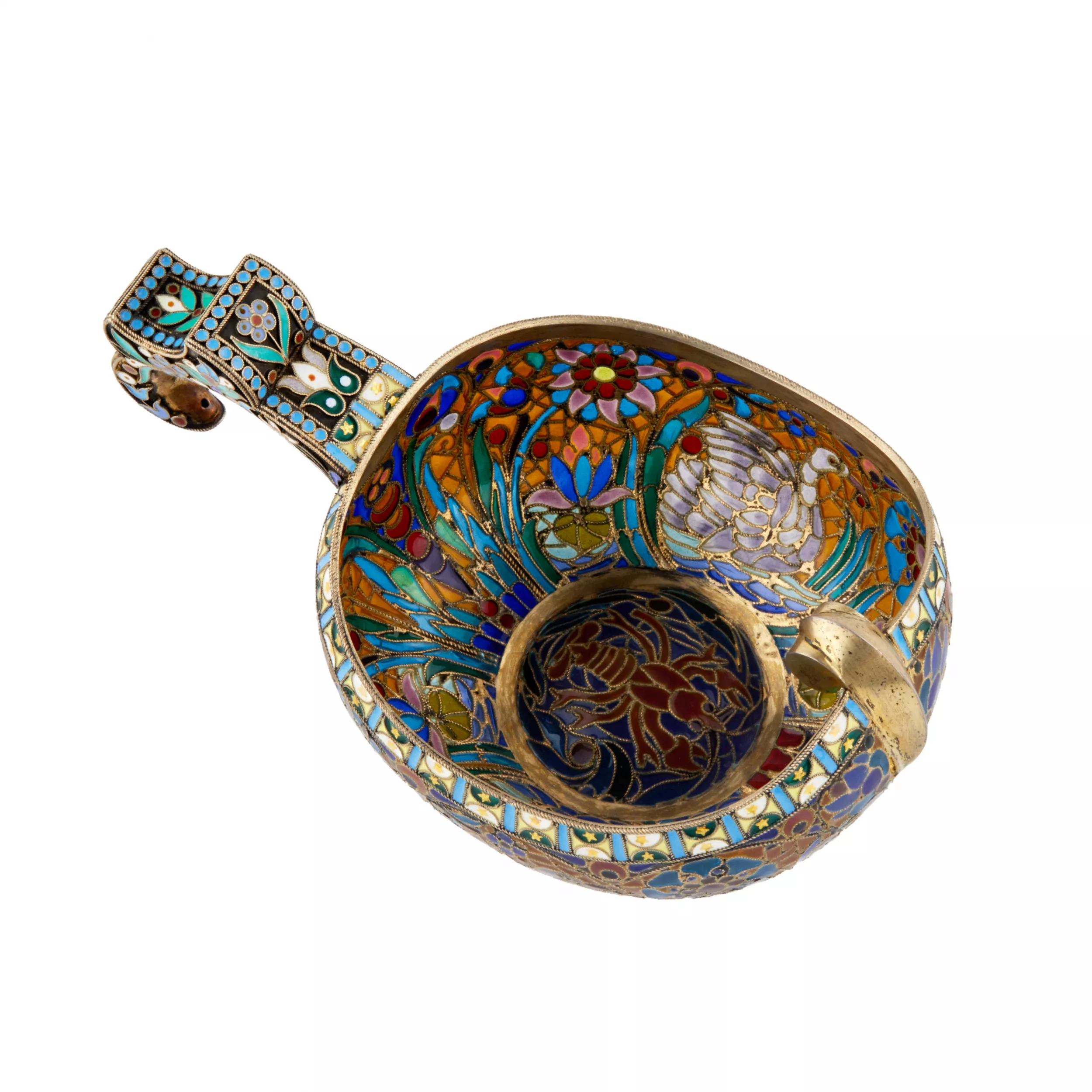 Large magnificent silver Kovsh 84 assay P. Ovchinnikov with stained glass enamel. Moscow. At the turn of 1900 