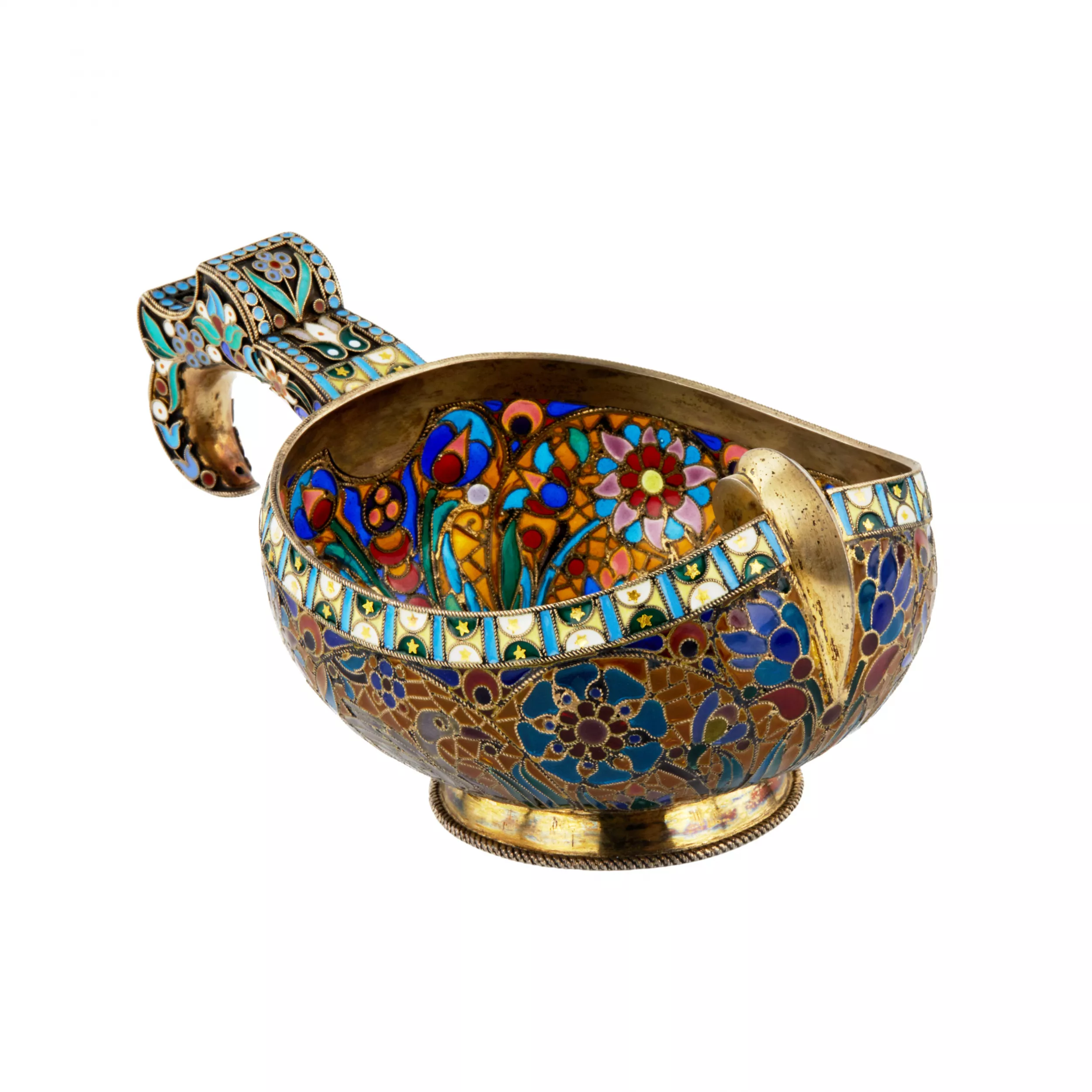 Large magnificent silver Kovsh 84 assay P. Ovchinnikov with stained glass enamel. Moscow. At the turn of 1900 