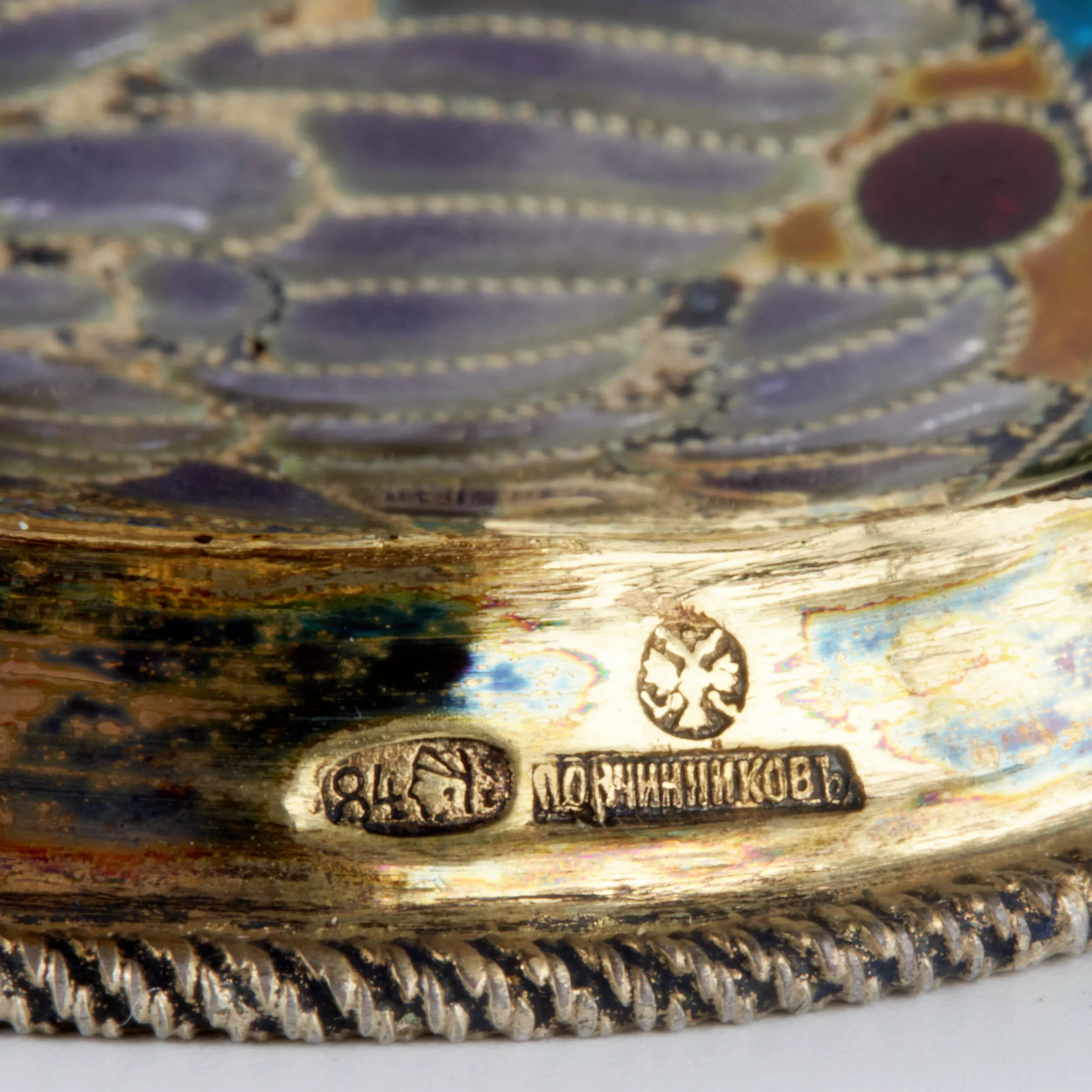Large magnificent silver Kovsh 84 assay P. Ovchinnikov with stained glass enamel. Moscow. At the turn of 1900 