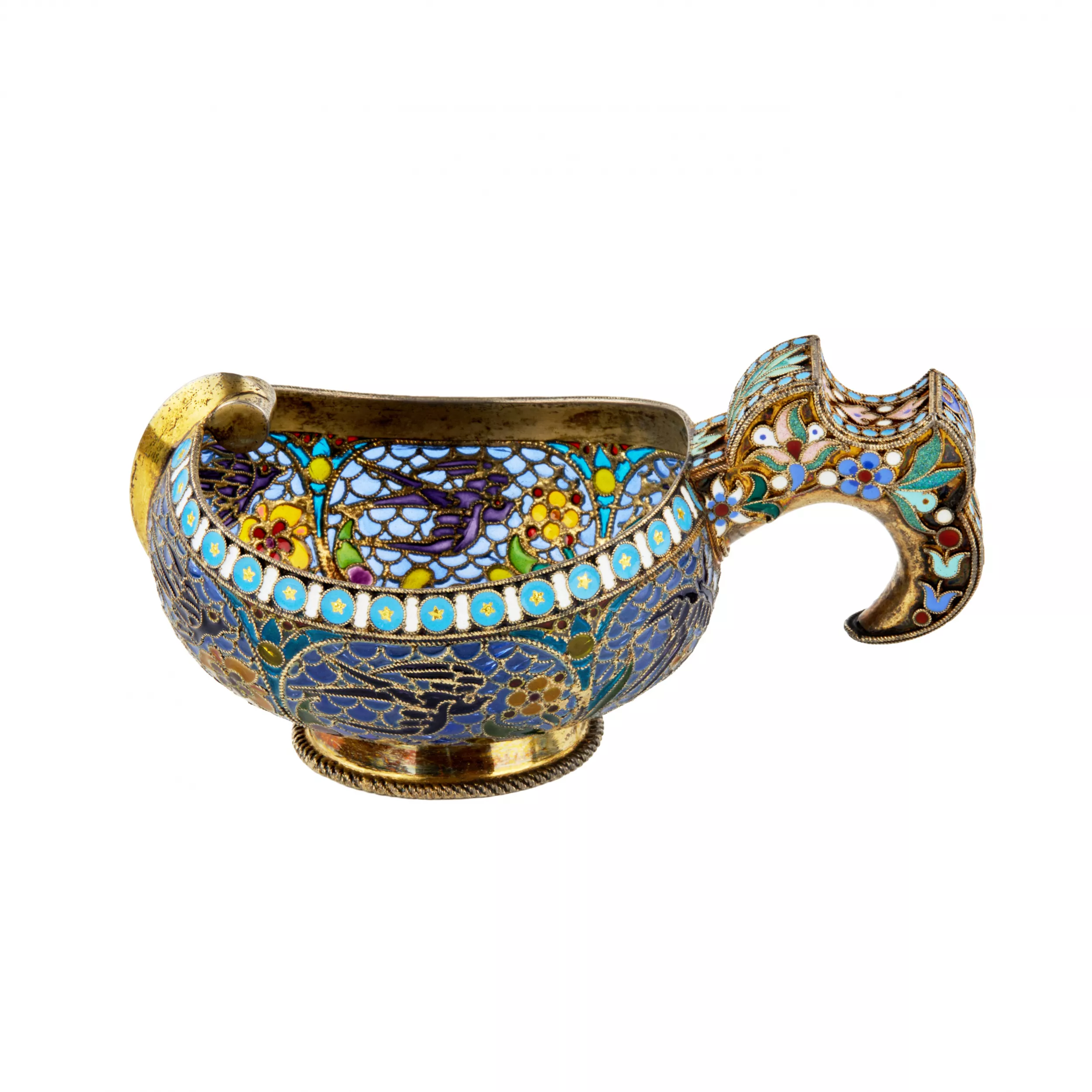 PAVEL OVCHINNIKOV. SILVER KOVSH WITH STAINED GLASS ENAMEL. MOSCOW, 1899–1908