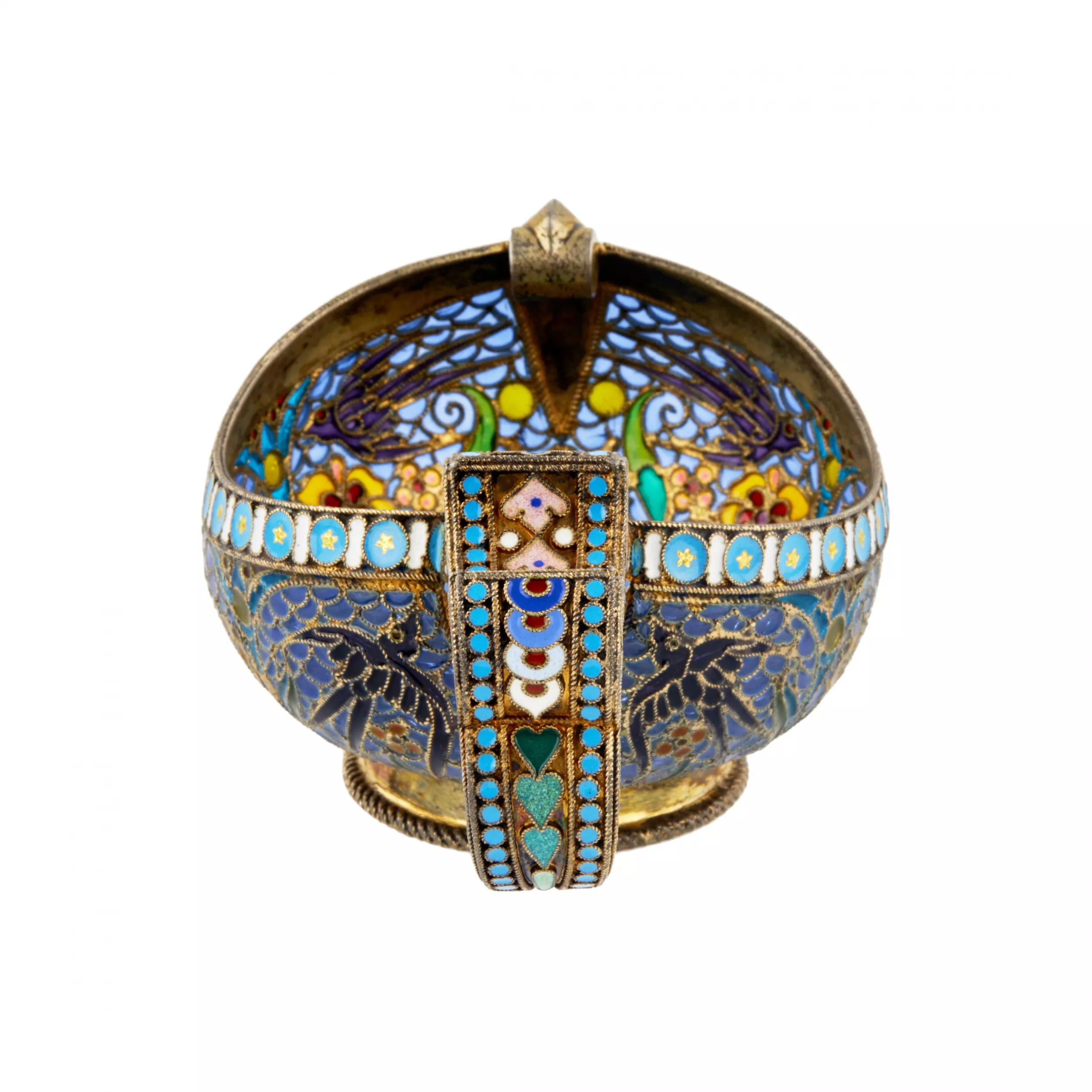 PAVEL OVCHINNIKOV. SILVER KOVSH WITH STAINED GLASS ENAMEL. MOSCOW, 1899–1908
