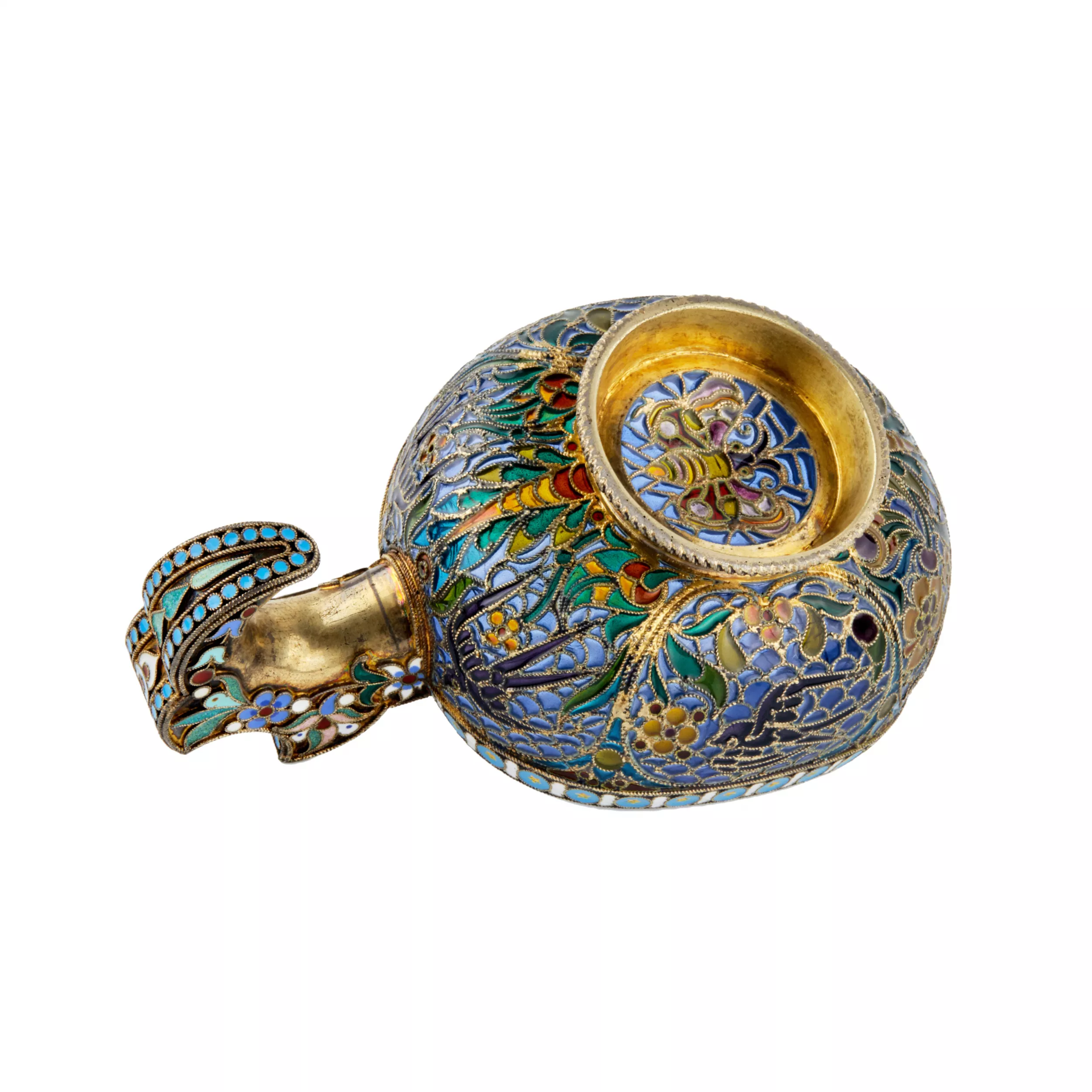 PAVEL OVCHINNIKOV. SILVER KOVSH WITH STAINED GLASS ENAMEL. MOSCOW, 1899–1908
