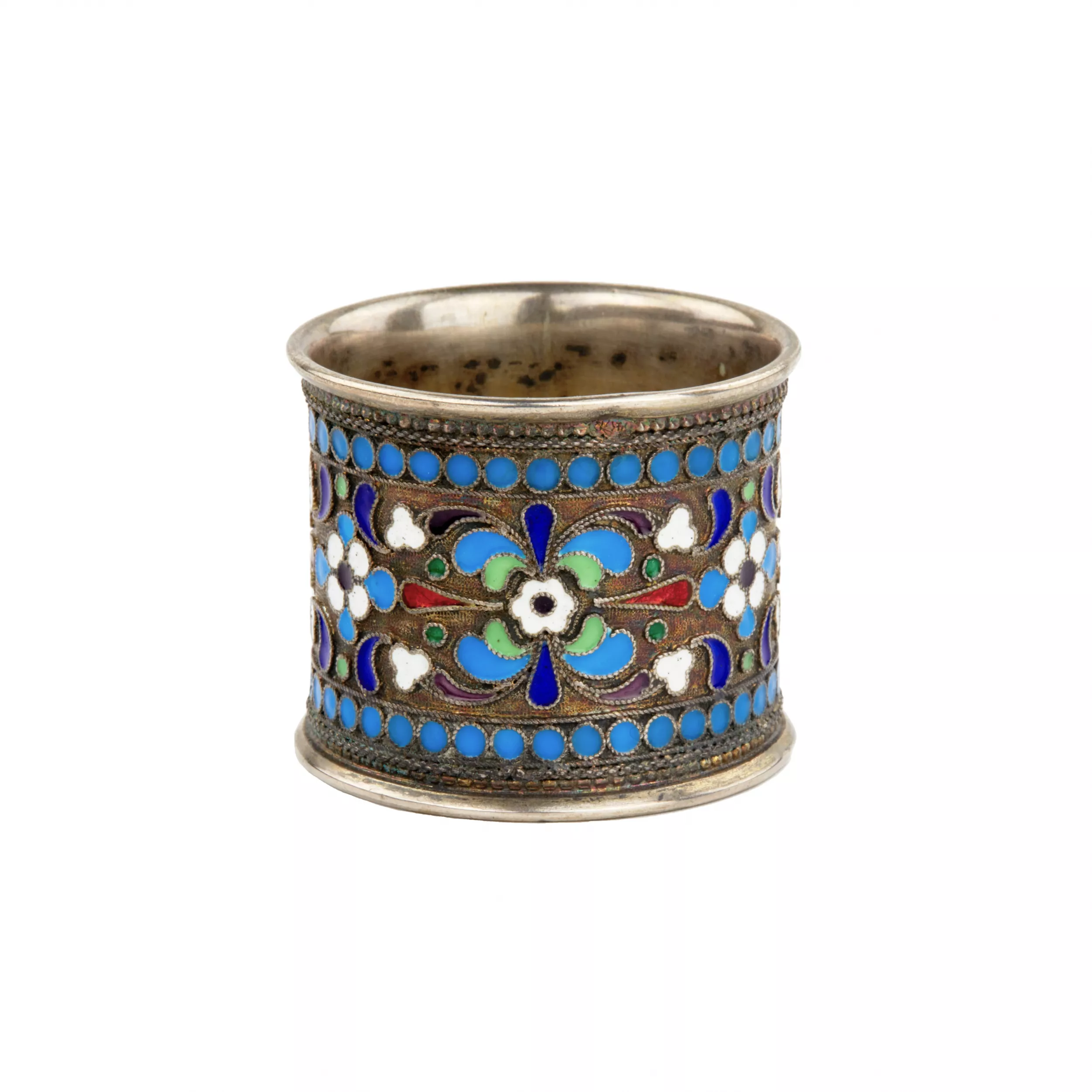 Russe, rond de serviette en argent, email cloisonne. 